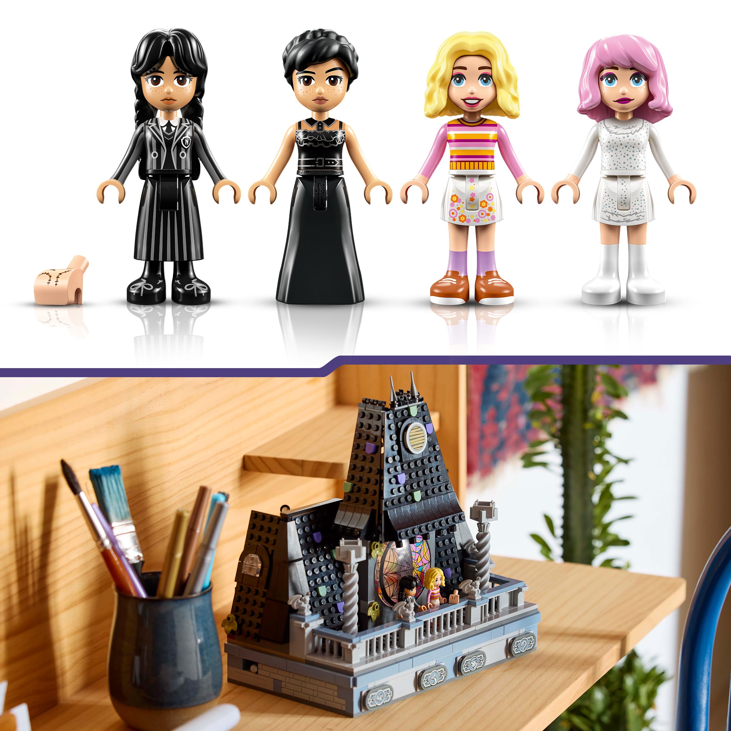 LEGO Pokój Wednesday i Enid, Kolekcjonerska Zabawka dla Dziecka do Zbudowania, Kreatywny Zestaw dla Dzieci z 4 Minilaleczkami, Pomysł na Prezent dla 10-latki, dla Dziewczynek i dla Chłopców, 76781