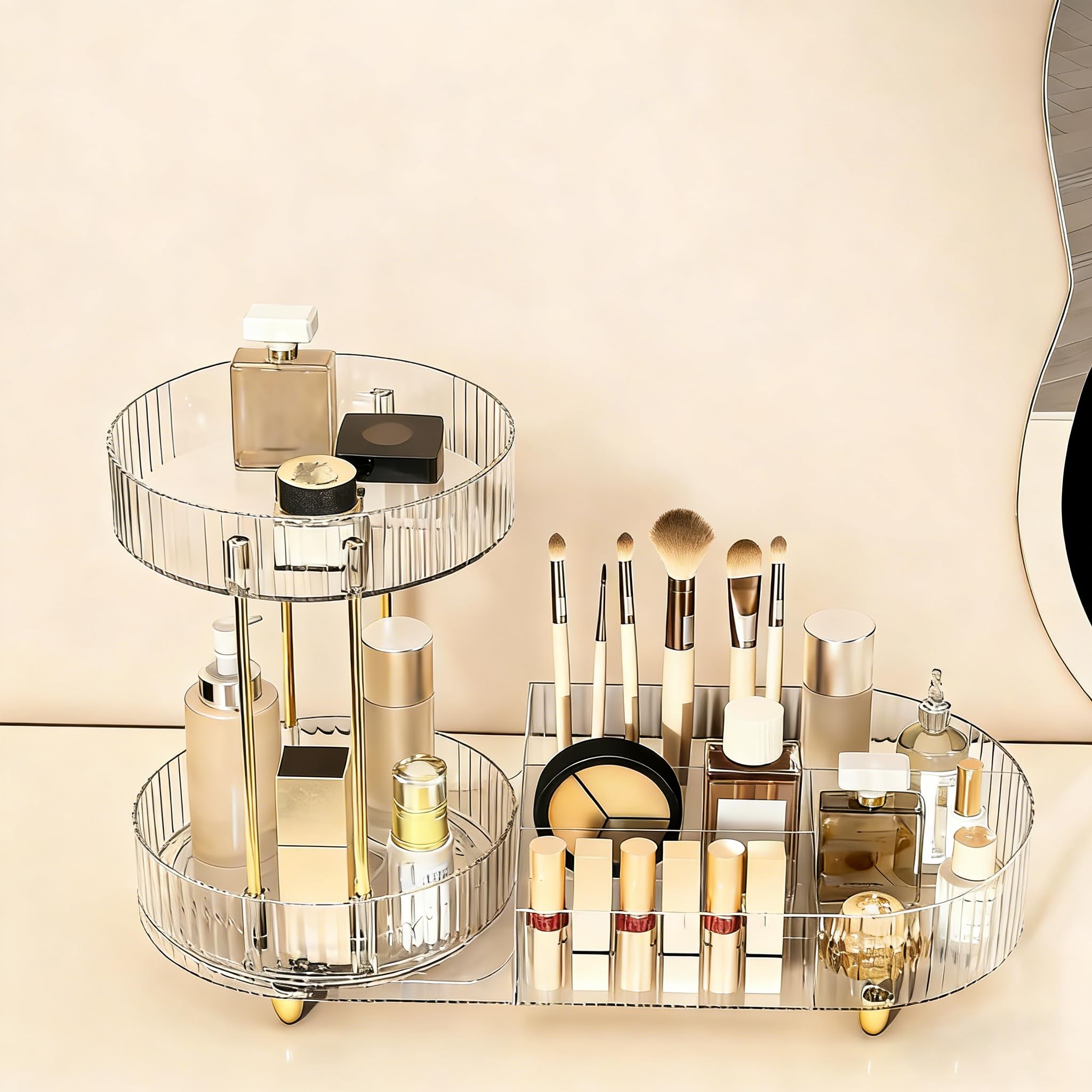 Duduya White 360° Rotating Makeup Organiser 2 Tiers Skincare Cosmetic Organisers, 2 In 1 Cosmetic Perfume Stand Case,Large Capacity Dresser Organizer Holderfor Vanity, Bathroom, Bedroom （Clear）
