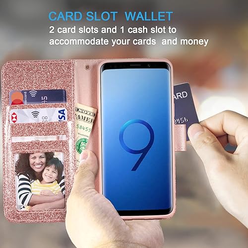 Miniatura 2 de UEEBAI Funda tipo cartera para Samsung Galaxy S9, funda de piel sintética con purpurina para teléfono, ranuras para tarjetas, funda con función