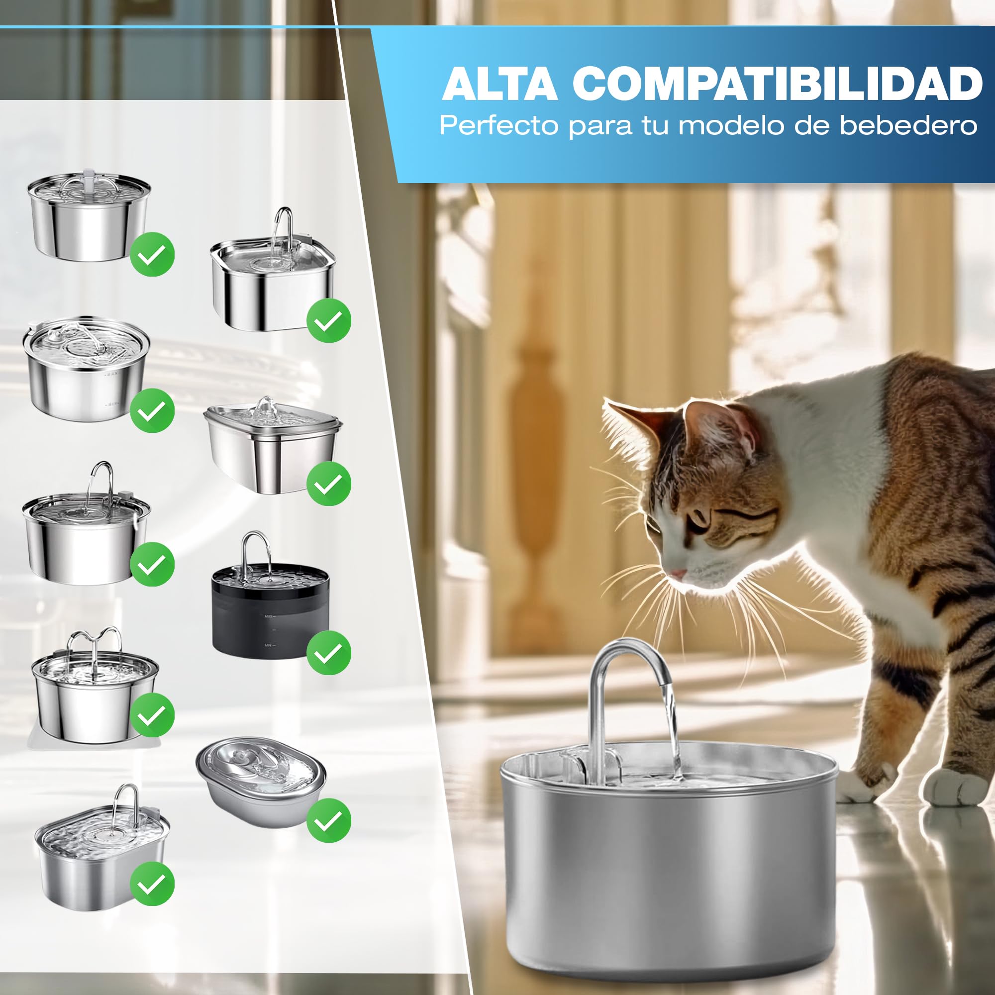 Filtros Fuente Gatos 8 uds – 4 Filtros de Carbón Activo + 4 Esponjas – Filtro Fuente para Gatos de Triple Capa – Recambios – Reduce Cloro y Olores – Compatible Acero Inoxidable y Plástico