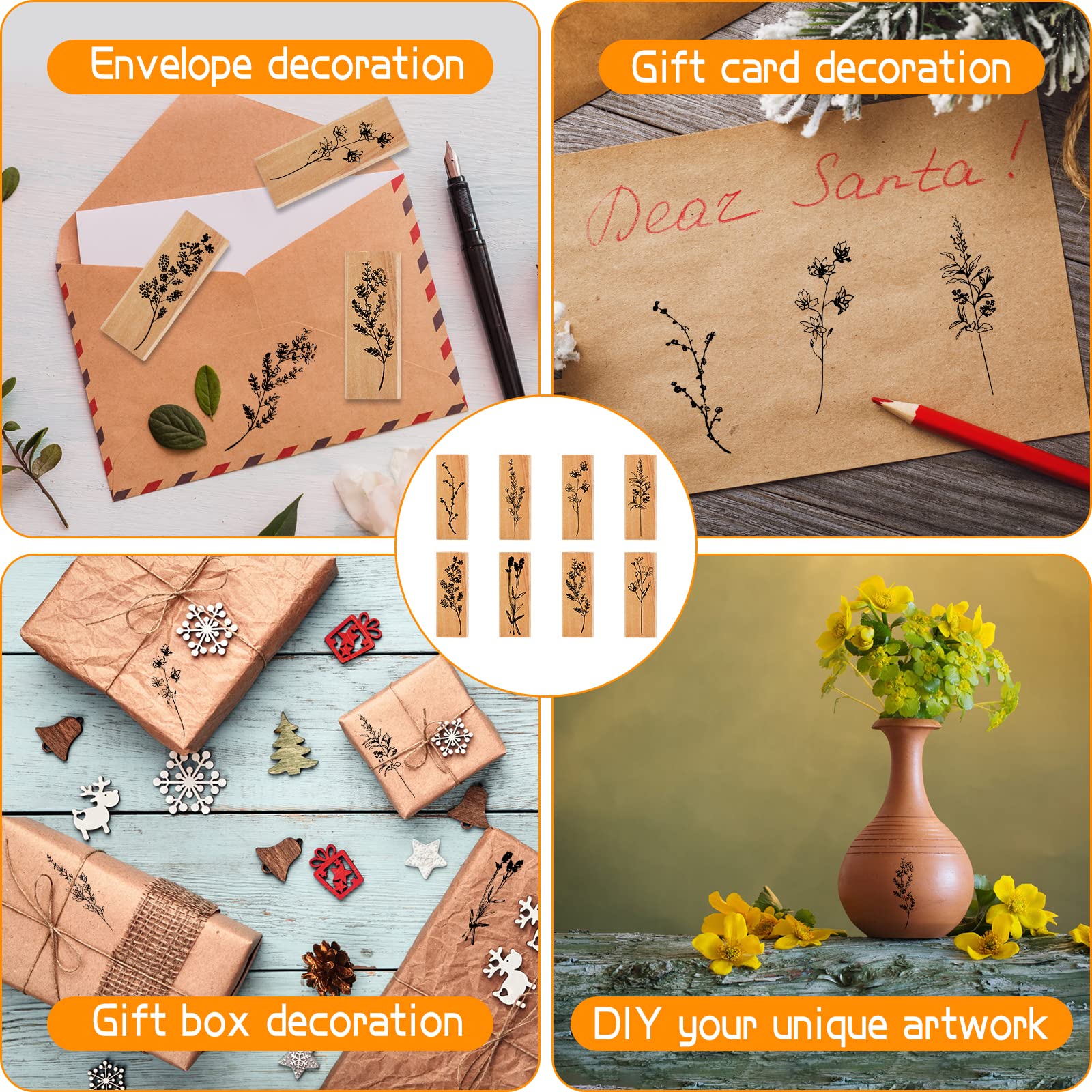Set 8 Timbri In Legno Con Motivi Fiori E Piante - Per Carta, Scrapbooking, DIY - Foto 5