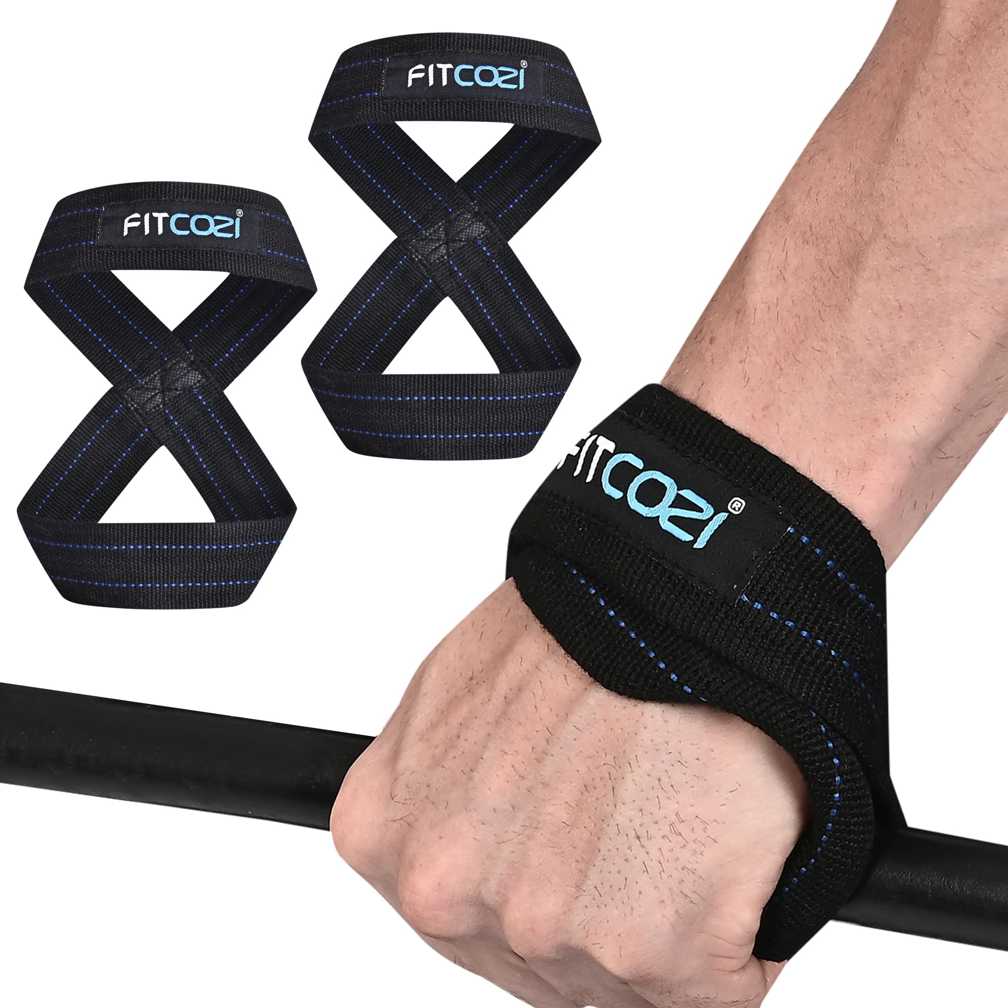 Fitcozi Figure 8 Lifting Straps Cotton Blue & Black – Heavy Duty CottonPadded Wrist Wraps for Deadlifts, Powerlifting & Strength Training-image-12