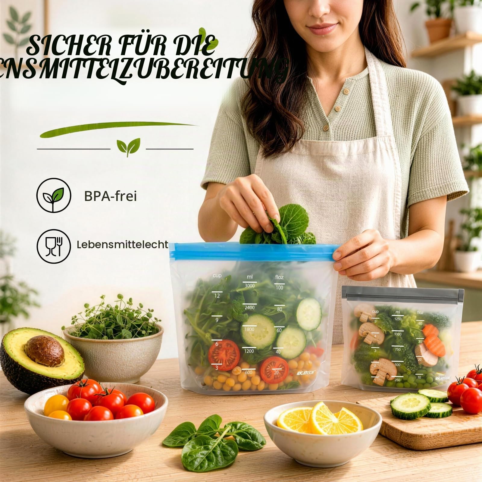 IDEATECH Wiederverwendbare Beutel, spülmaschinenfest, BPA-frei, wiederverwendbare Gefrierbeutel, stehend, auslaufsichere Silikonbeutel für Lebensmittelaufbewahrungsbehälter, Salat, Obst, Gemüse