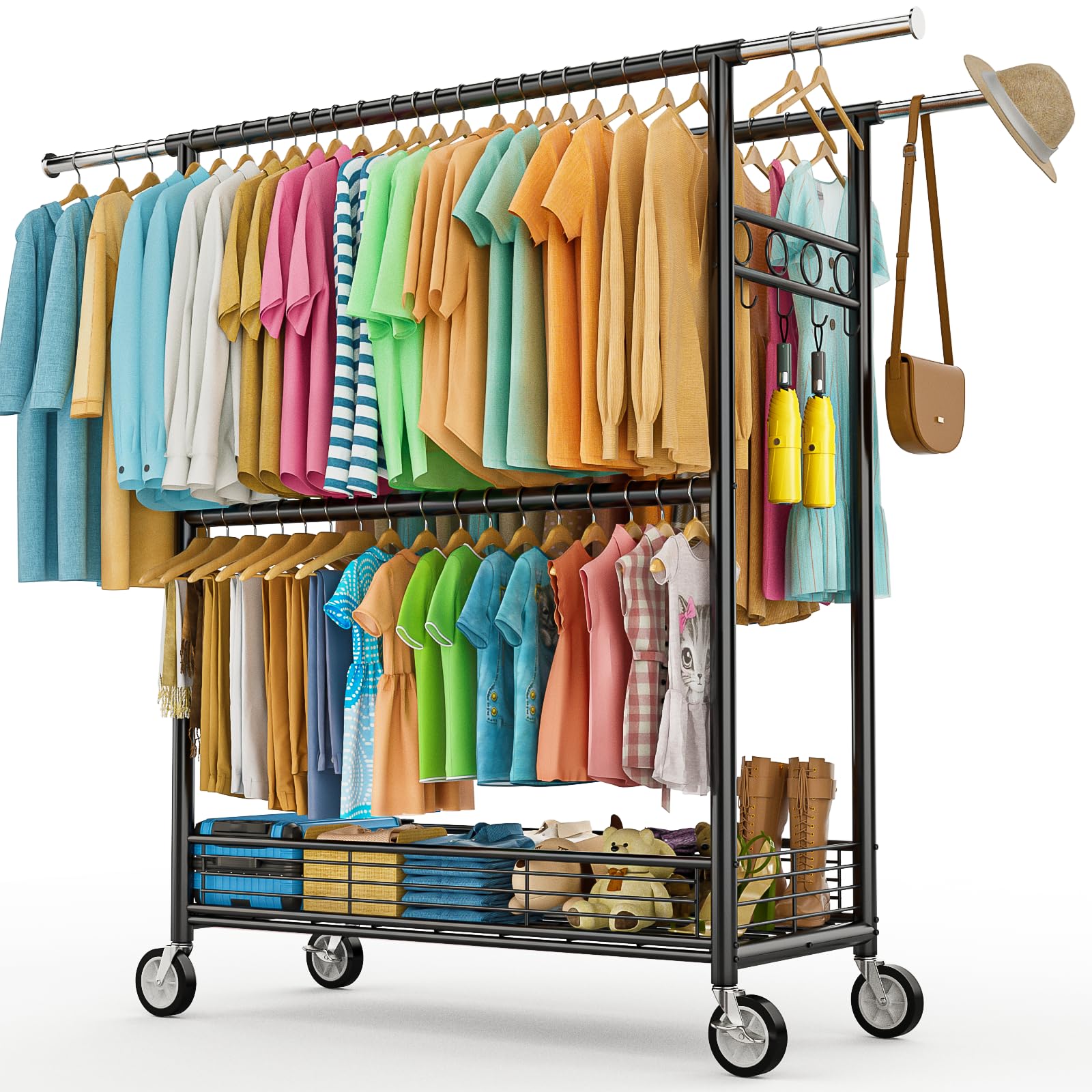 Heavy Duty Clothes Rack Load 960LBS, Three Rods Rolling Clothing Racks for Hanging Clothes, Rolling Garment Rack With Sturdy Wheels Shelves Hooks, Portable & Adjustable Commercial Garment Rack, Black