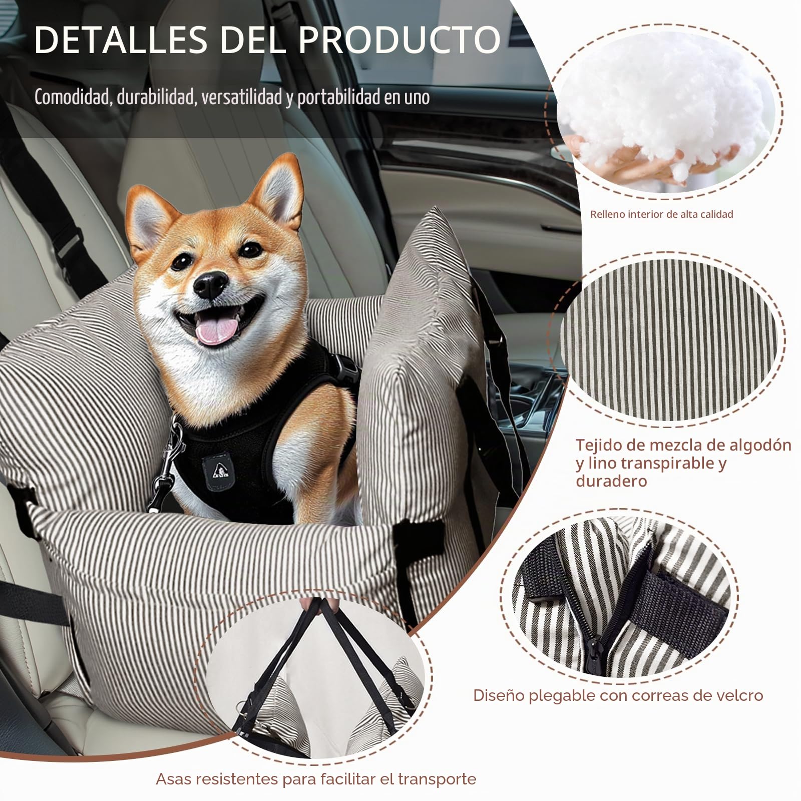 Asiento elevador de coche para perros pequeños y medianos, cinturón de seguridad, base antideslizante y bolsillos de almacenamiento