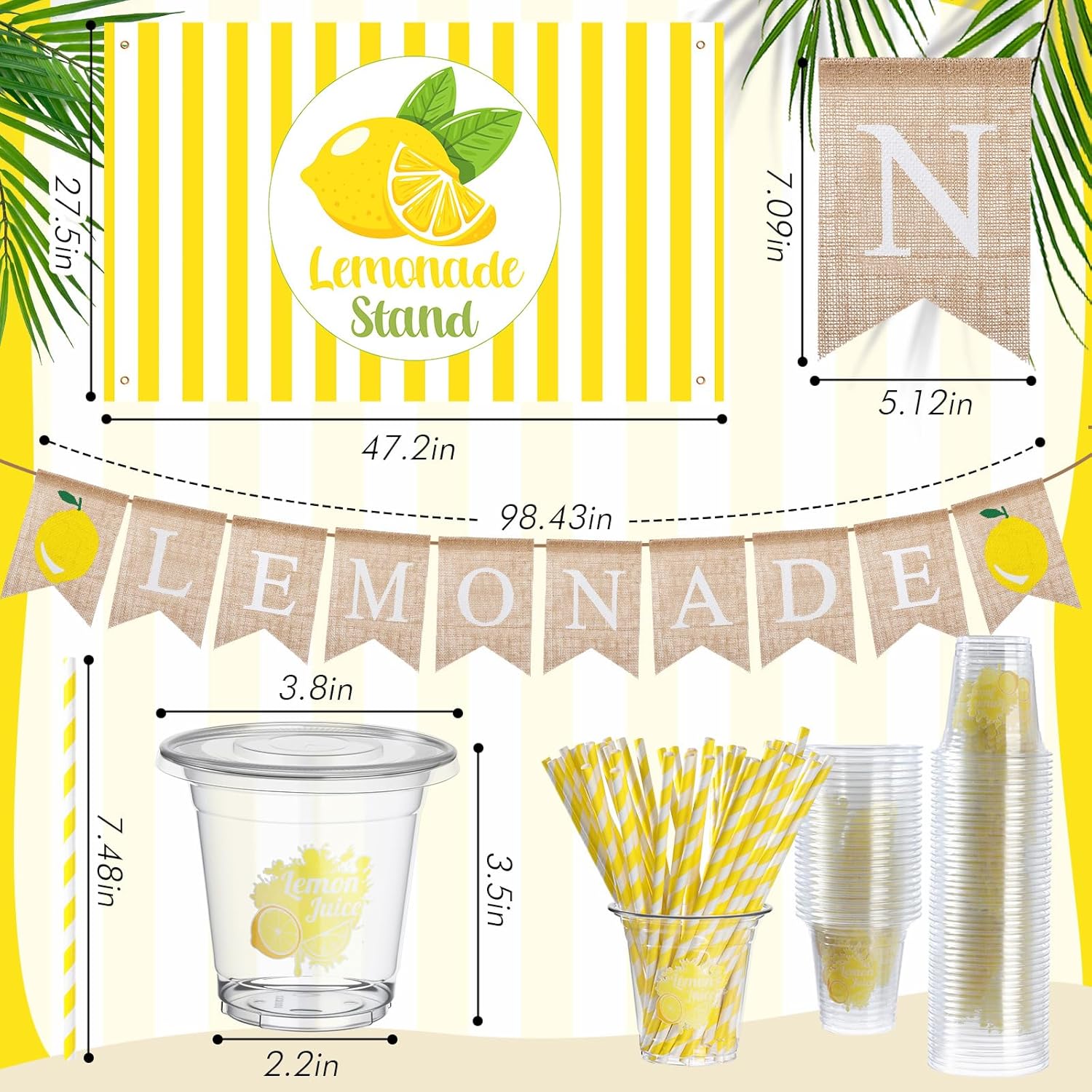 103 Pcs Lemonade Stand Supplies Includes Burlap Banner Sign Stand Table Cover 50 Sets Lemonade Cups with Lids and Straws 5l Plastic Drink Dispenser Decorations Kit Supplies