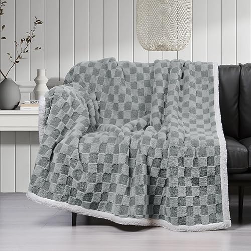 Miniatura 2 de Manta a cuadros para sofá, manta de vellón mullida, suave manta de piel sintética, manta sherpa, acogedora manta de regalo para sofá y cama (gris,