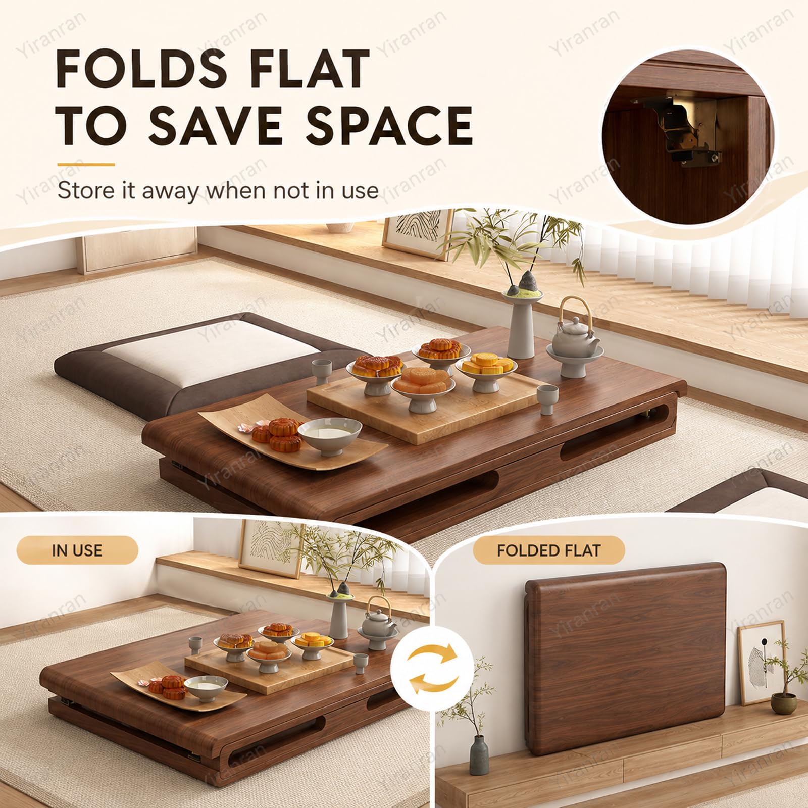 Tavolino da caffè Pieghevole Giapponese, Tavolino da Pavimento, Tavolino Basso Salvaspazio, Piano Spesso E Stabile, Tavolino Tatami Senza Montaggio, Ideale per Sedersi A 70