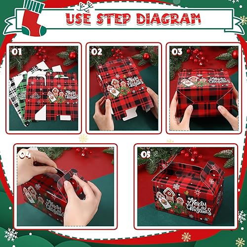 Miniatura 6 de Cholemy 60 cajas de regalo de Navidad con asa de 5.9 x 3.5 x 3.5 pulgadas, cajas de regalo 3D de cartón de Navidad, cajas de papel de galletas a