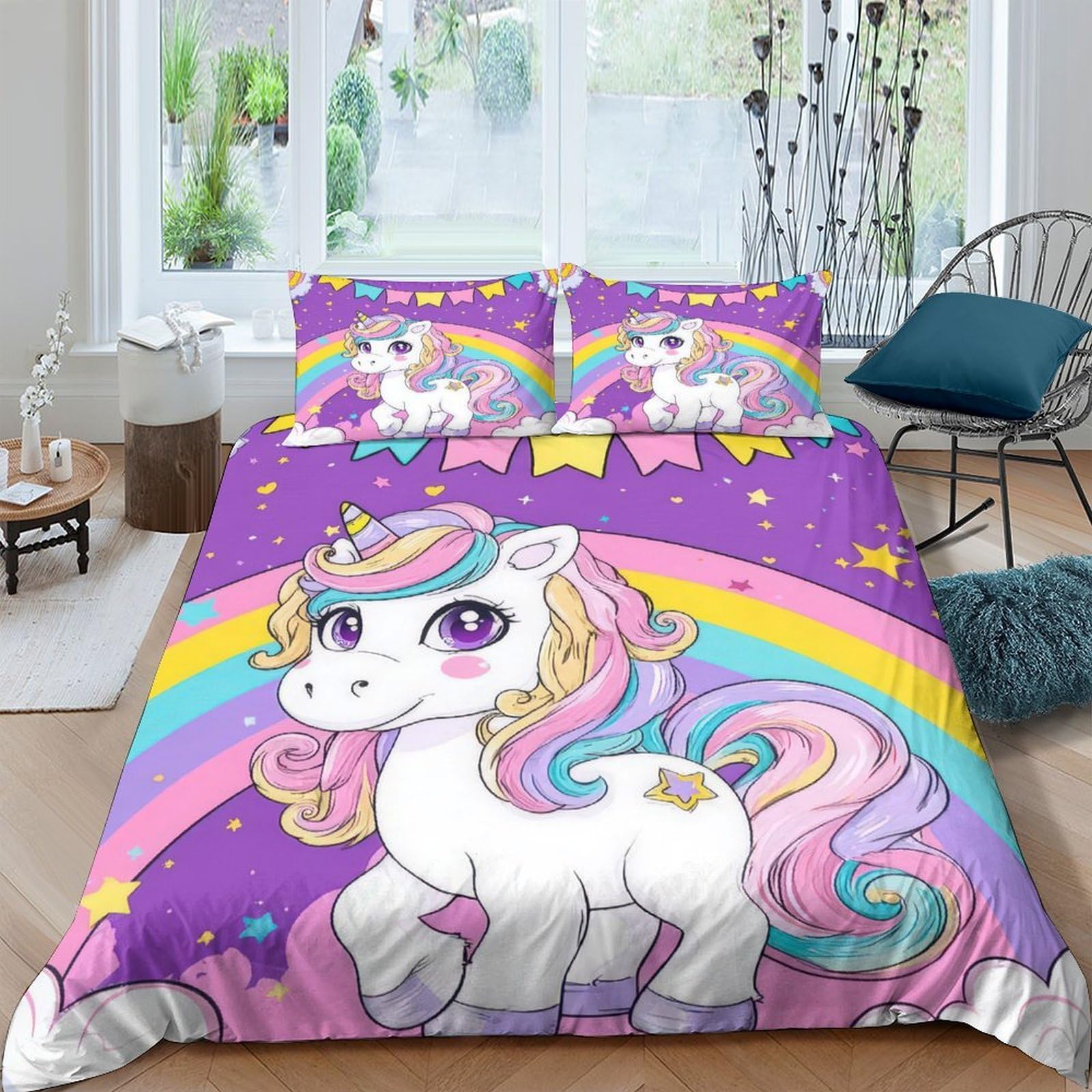 GPLZQXKJNH 3D Printed Rainbow Unicorn Duvet Cover Set Microfiber Soft Purple Bedding with 2 Pillowcases for Bedroom Decor Single（135x200cm）