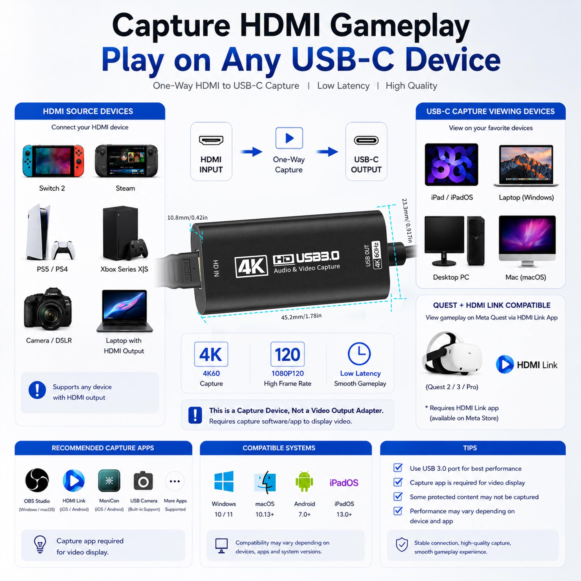 Guermok, Karta przechwytująca HDMI, 4K60FPS / 2K120FPS, czarny, streaming | Streaming, nagrywanie i granie z niskim opóźnieniem, Obsługuje konsole przenośne, Plug & Play bez sterowników, konsole domowe