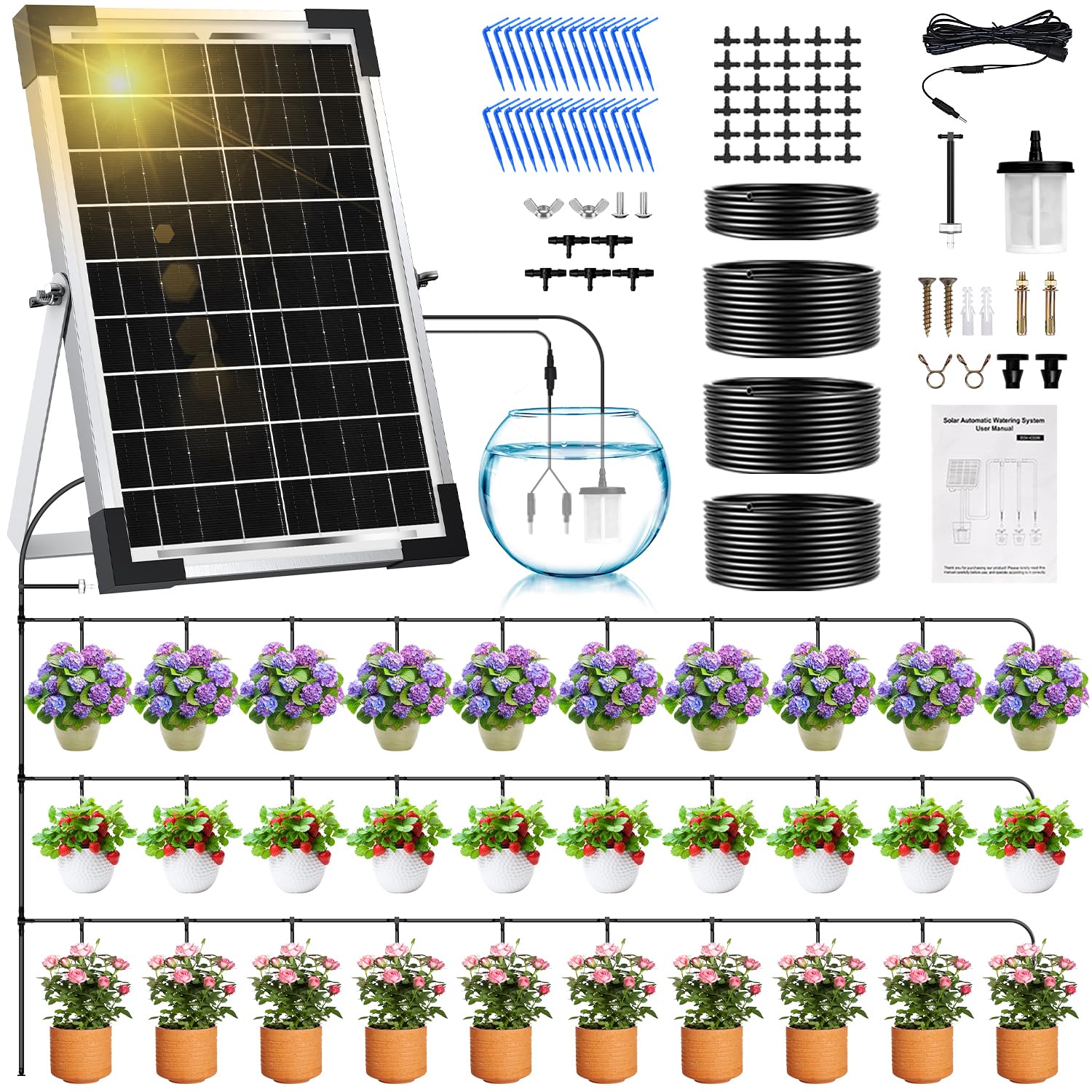 Onherm Kit Sistema de Riego por Goteo Automático Solar para Maceta, Manguera de 30 Metros para 1-30 Plantas en Macetas, 300 Modos de Temporizador, pare Jardín, Balcón y Huerta