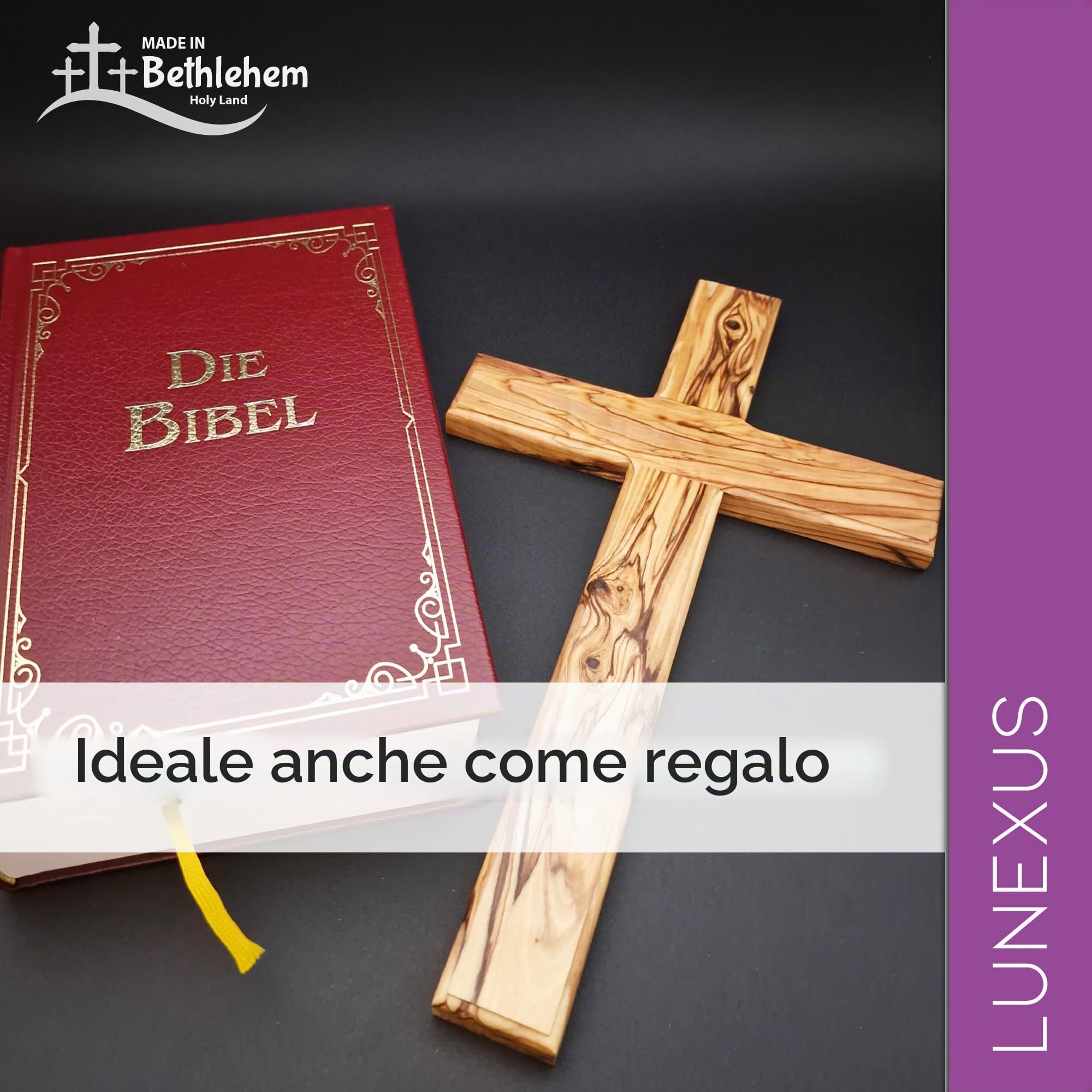 Lunexus Croce in legno d'ulivo, 30 cm, realizzata a mano in Betlemme, benedetta con certificato di consacrazione, croce da parete e decorazione