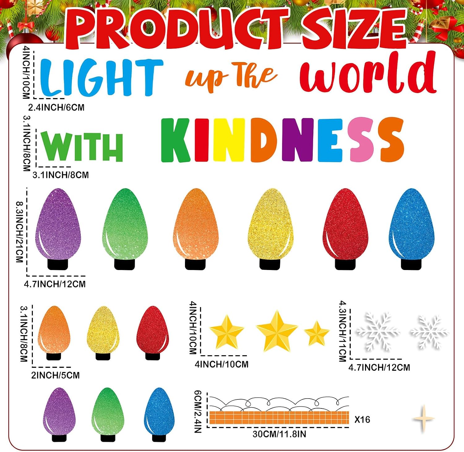 Christmas Light Bulbs Bulletin Board Decoration Set Xmas Kindness Bulletin Board Set Winter Colorful Bright Bulb Paper Cutouts for Classroom School Home Chalkboard Wall Holiday Party Decor Supplies image 2