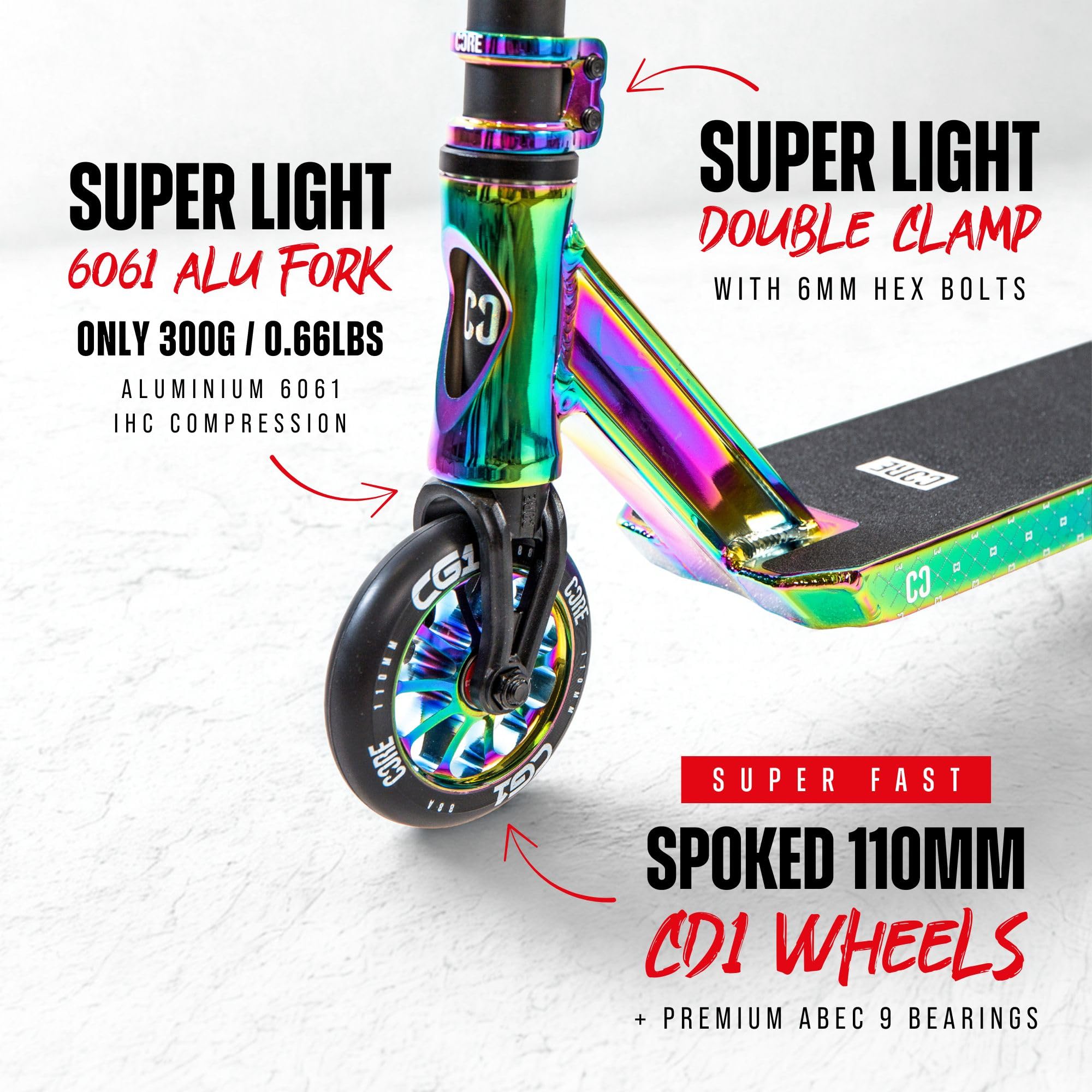 CORE CG1 Trottinette acrobatique – Trottinette acrobatique pour enfants à partir de 8 ans, débutants à avancés avec roues de 110 mm – Trottinettes professionnelles pour adolescents et enfants – Néo