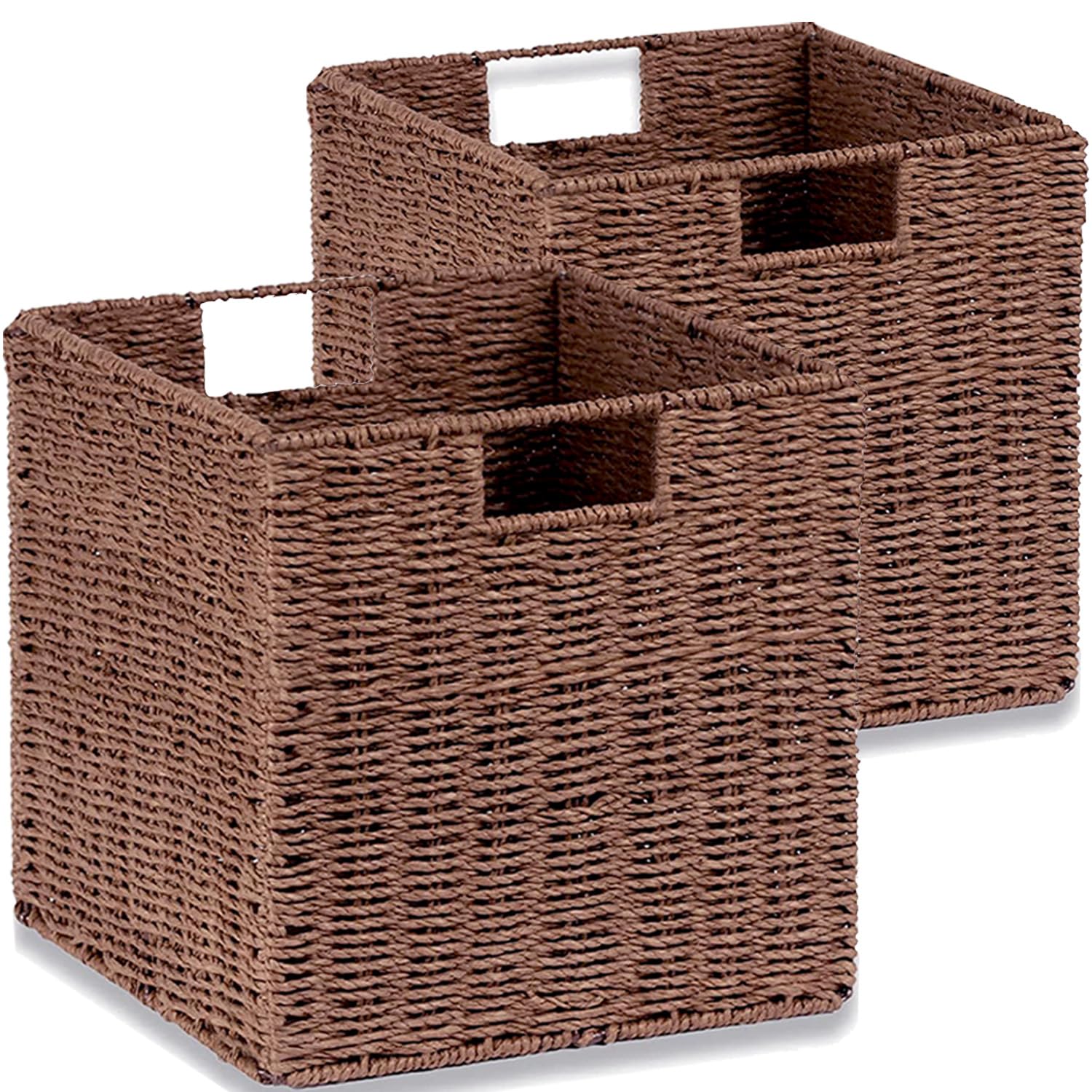 Juego de 2 Cestas Almacenaje Tejidas a Mano, Plegable Cesta Grande 28 x 28 x 28 cm, con Asas, Cestos Mimbre Decoración para Baño, Estanterías Kallax, Cocina - Color Nogal