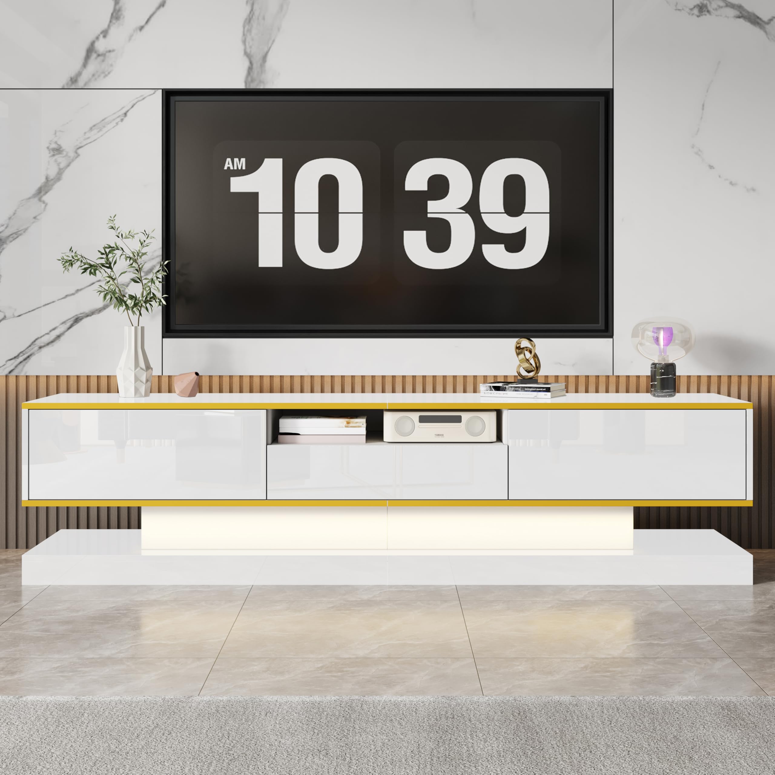 Mobile TV moderno, dotato di 3 cassetti e 1 ripiano aperto, con illuminazione LED a colori variabili, superficie lucida, 180x38x45 cm,mobili salotto porta tv,mobile soggiorno (bianco)