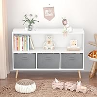 AOPNOMU Kids Bookcase with 3 Collapsible Fabric Drawers - White Grey Toy Storage Organizer for Bedroom, Playroom, Nursery