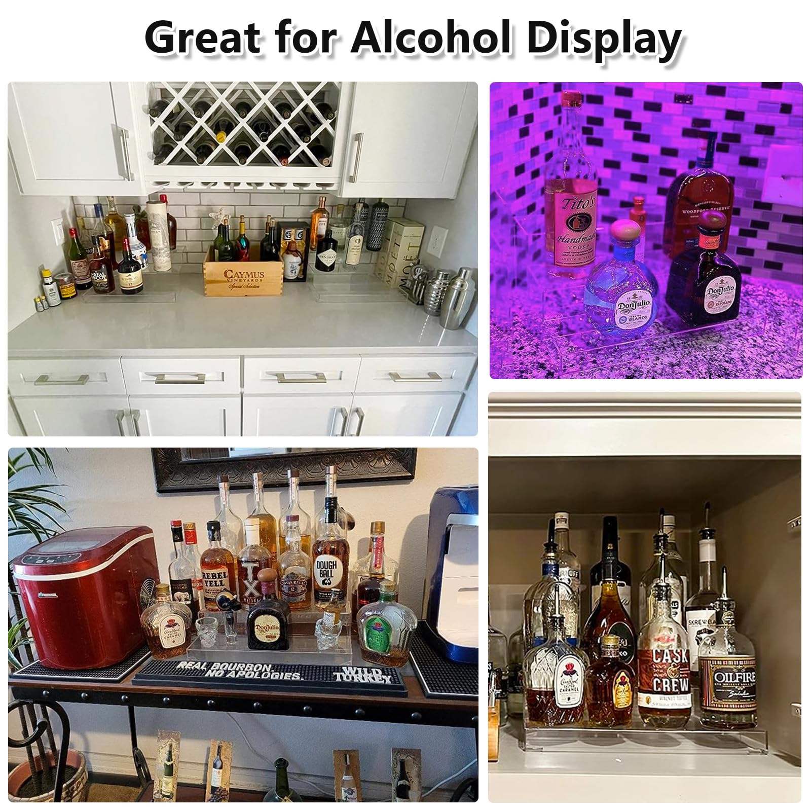 Liquor Bottle Display Shelf, Clear Acrylic Riser Display Stand, Bar Shelves for Liquor Bottles, 3 Tier Shelf Organizer for Alcohol Figures Coffee Syrup Display, 16" L x 12.5" W x 6.5" H, Clear