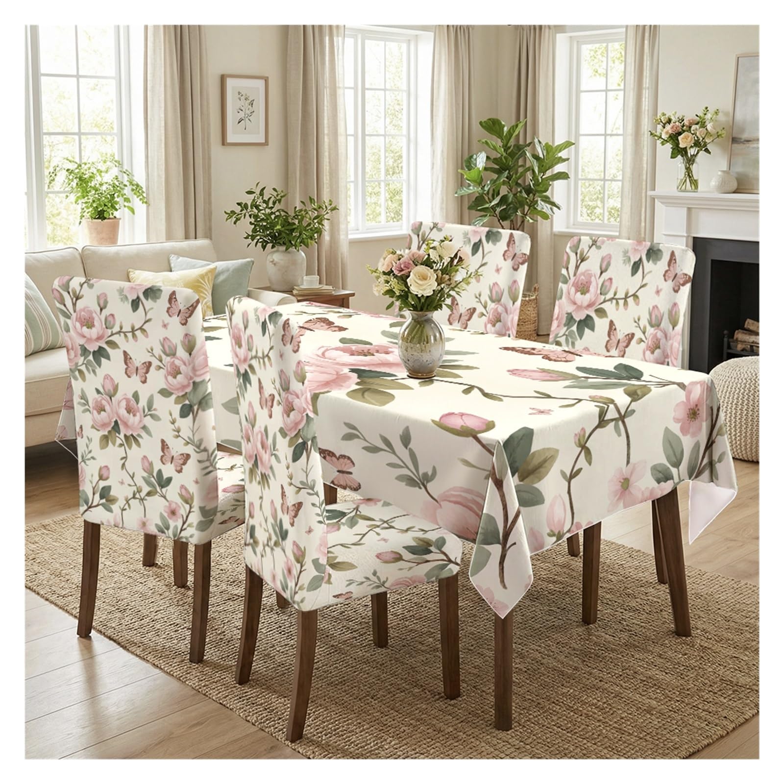 KXUAUV Stretch Dining Chair Slipcover & Tablecloth Set, Cream Base Pink Rose Vine Butterfly Print, 5/7 Pack, Romantic Cottagecore Garden Home Decor Party Decor(5pcs Set: Tablecloth+Chair Covers)