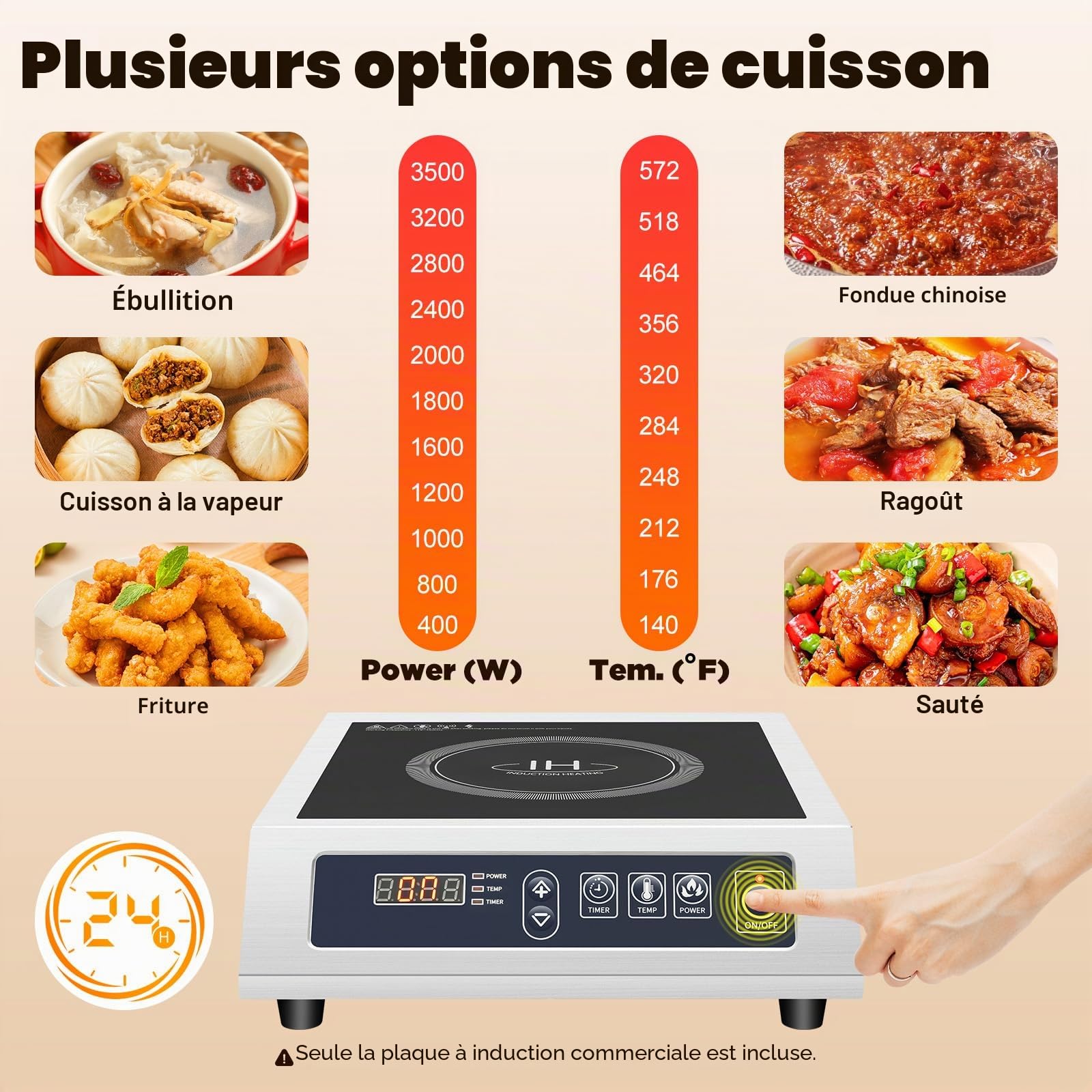 Plaque de cuisson à induction 220 V 3500 W - Plaque de cuisson à induction professionnelle en acier inoxydable avec 11 niveaux et minuterie 24 h - Pour restaurants, camping - 35 x 42 cm