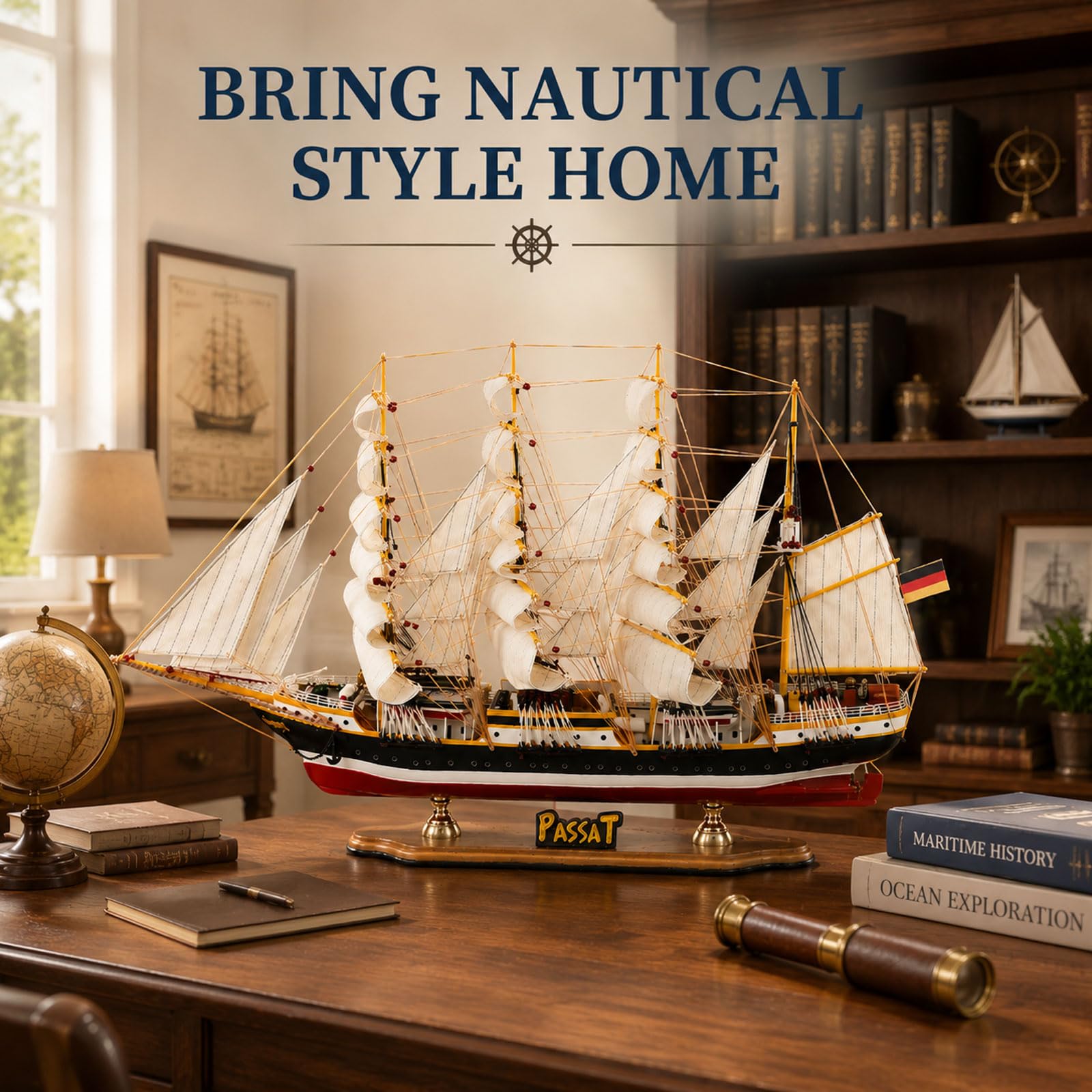 YLME Modell eines Segelschiffs aus Holz Viermastiges Großsegelschiff | Maritime Vintage-Dekoration Großes Schiffsmodell für Zuhause oder Büro Sammler Geschenk für Segelbegeisterte