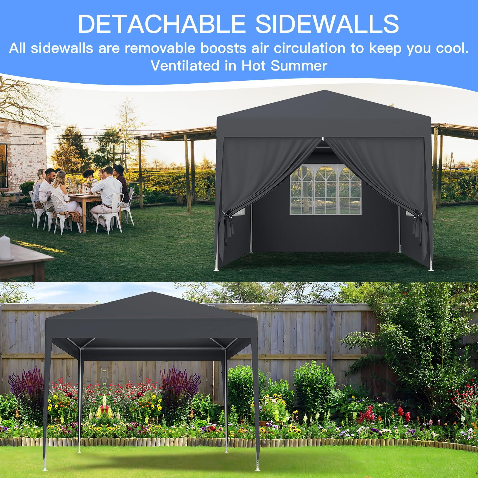 Kuro sagol Tonnelle de Jardin 3x3M,Tente Réception,Tente de Campingavec Fenêtres、Parois Latérales，Imperméable,Anti UV，Résistant au Vent Auvent,Barnum pour Camping Festival Plage,Anthracite
