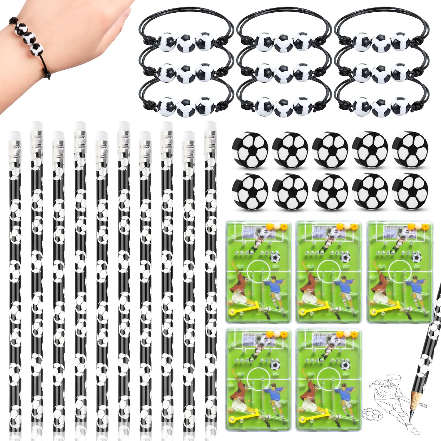 Ezydka 40 Pcs Football Party Bags Set, Fillers Include Pencils, Bracelet, Erasers - Party Favours for Kids Boys Girls