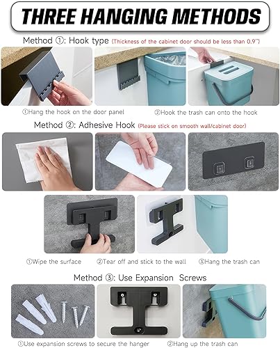 Miniatura 6 de Cubo de basura colgante de compostaje de cocina de 3.2 galones con tapa para cocina y baño, cubo de basura de cocina debajo del fregadero, cubo de