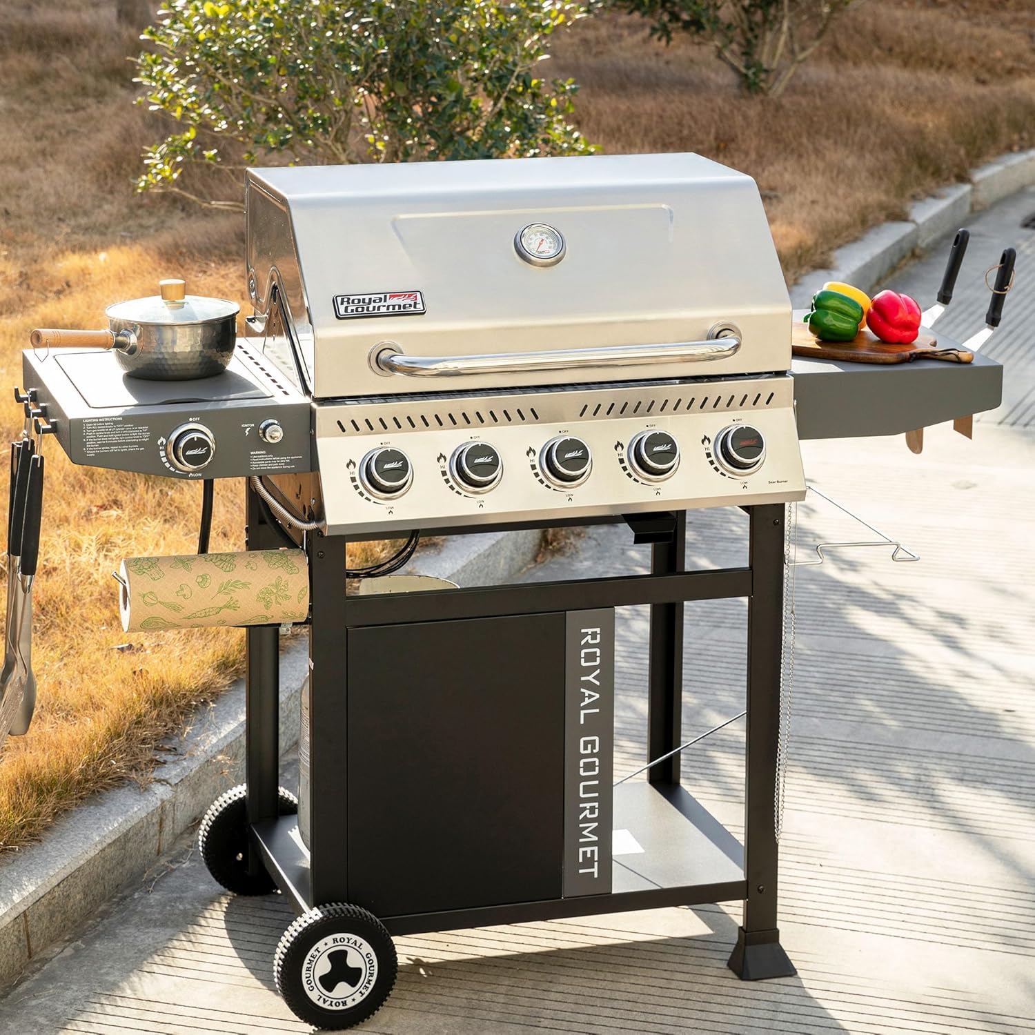 Royal Gourmet GA5406TS 5 Burner Propane Gas Grill with Side Burner and Sear Burner, Cart Style Gas BBQ Grill with Porcelain-Enameled Cast Iron Grates for Backyard Cooking, Silver & Black