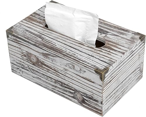 Liry Products - Caja de papel de seda facial de madera envejecida de color marrón oscuro rústico, soportes de esquina de metal, tapa de bisagra,