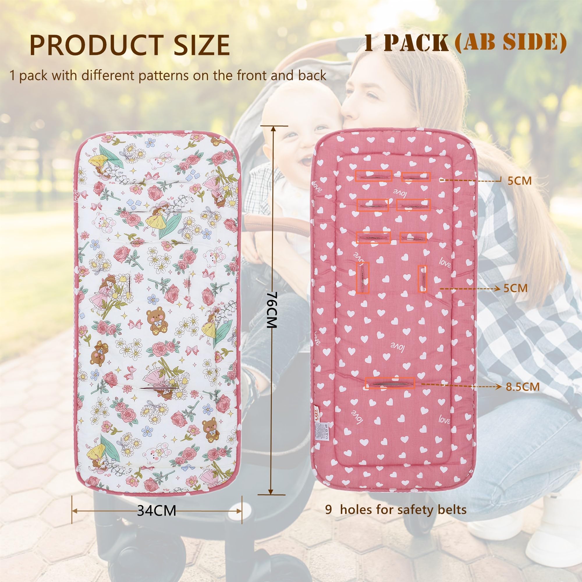 Baby Pushchair Seat Liners,Pram Liner Universal Fit for Most Pushchairs,100% Cotton Double-Sided Baby Stroller Cushion Pad,Stroller Seat Cover for Toddler Infant 1 Pack,78x34cm(Pink Garden+Hearts) - Image 2