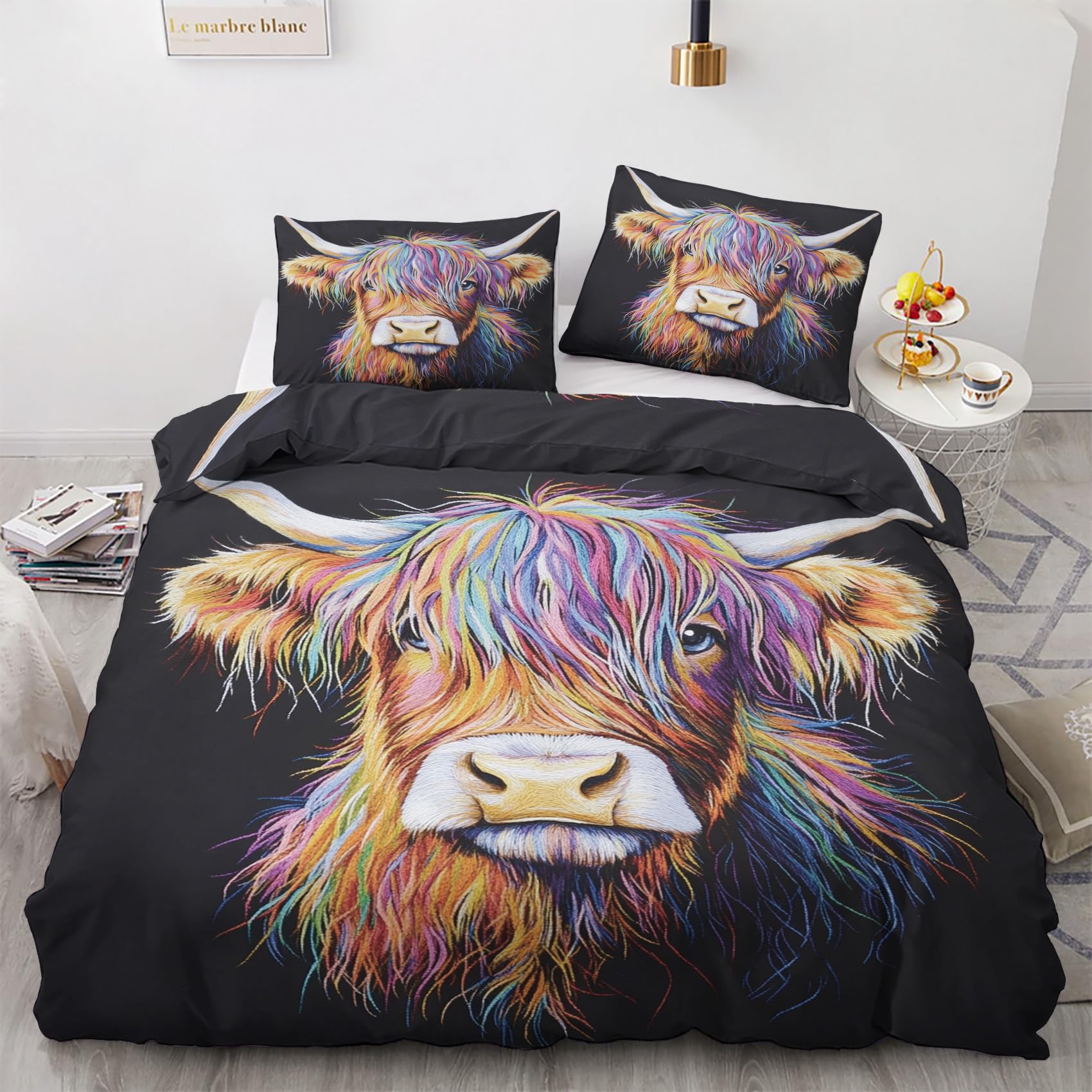 NOGAWA Highland Cow Bedding Single - Farm Animal Duvet Cover Single, Reversible Quilt Cover & 1 Pillowcase with Zip and Ties, Ultra Soft and Breathable Brushed Microfibre Bed Set