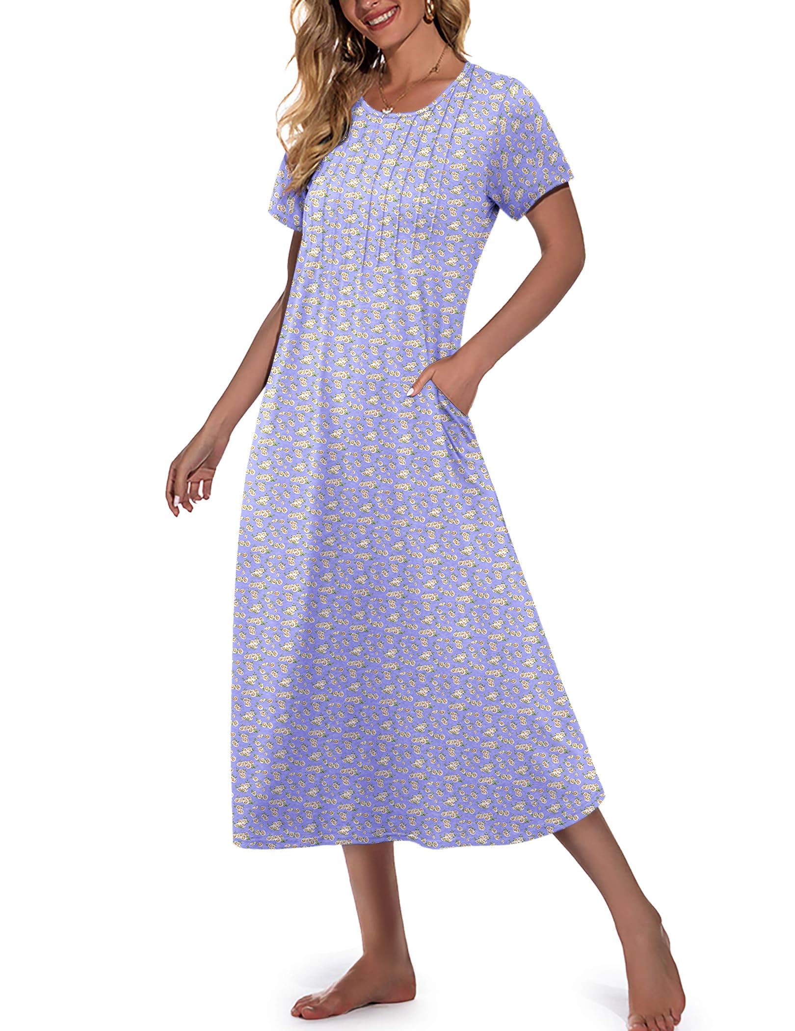 Marvmys Womens Long Cotton Nightgown Short Sleeve Nightshirt O Neck Sleepwear Full Length Sleepshirt with Pockets S-3XL