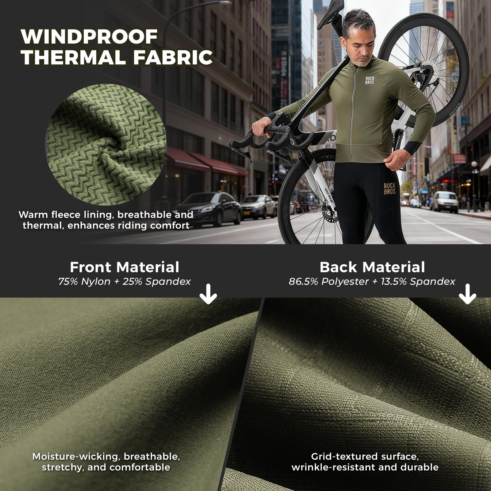 ROCKBROS Maglia da Ciclismo Invernale Uomo, Maglia Bici a Maniche Lunghe con Fodera in Pile, Giacca Termica Antivento e Traspirante, 3 Tasche Posteriori, per MTB Bici Corsa Bicicletta