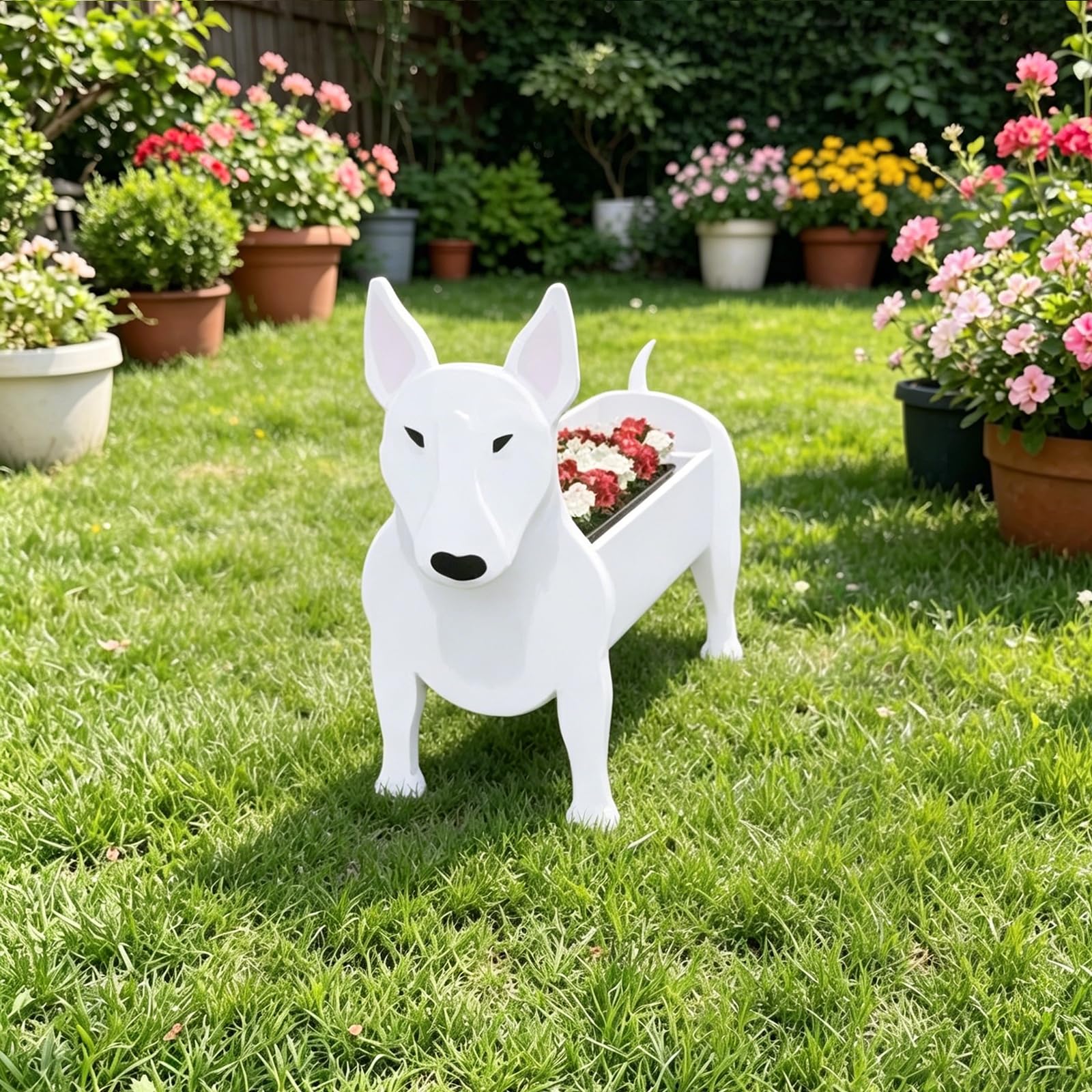 Hiiaodecor Bull Terrier Pet Dog Animal Bonsai Holder Cute Shape Art Plant Storage Pot Villa Garden Indoor Outdoor Office Decor Ornaments 43 * 25cm/16.93 * 9.84in