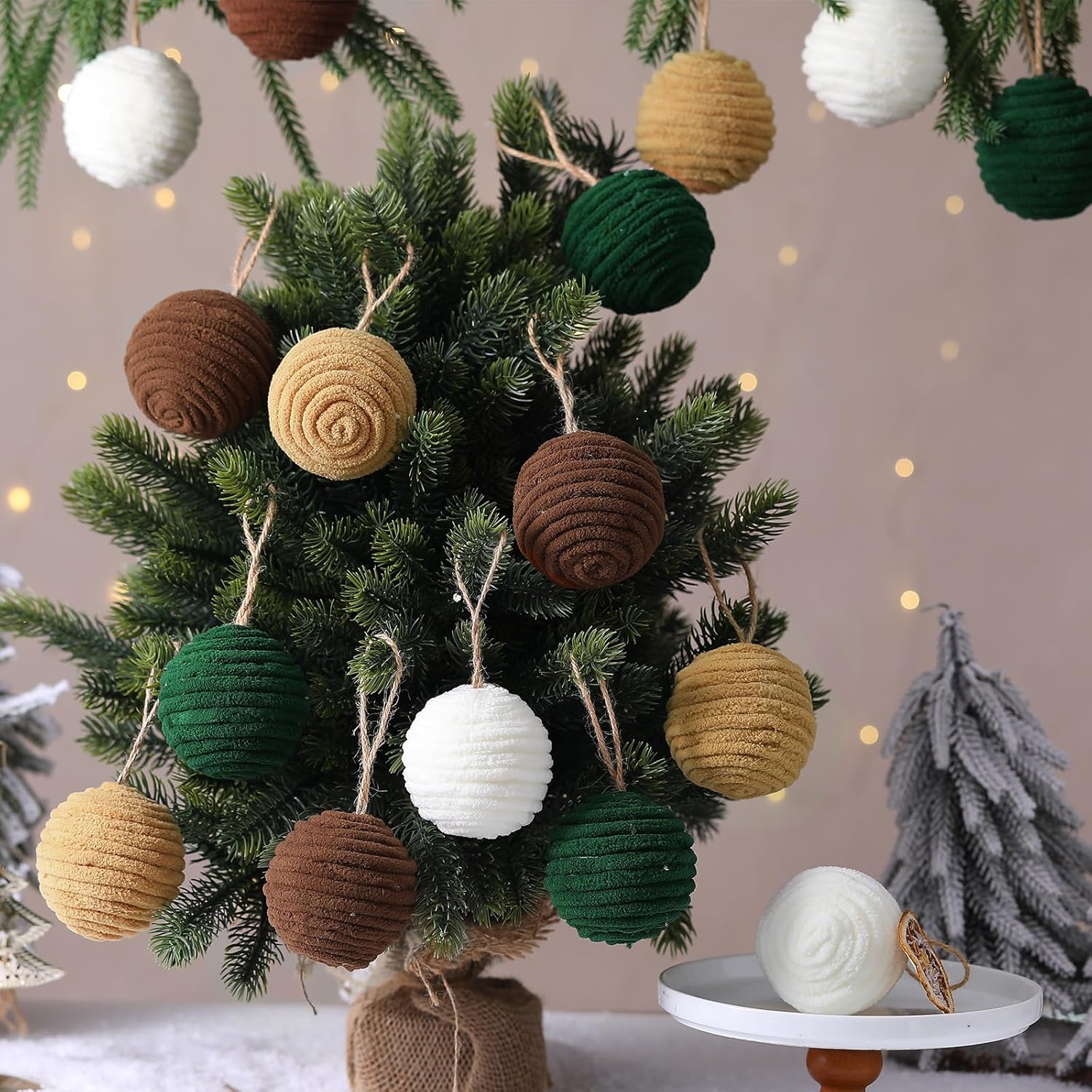 16 Pcs 2.36 Inches Neutral Christmas Balls Ornaments Rustic Boho Brown Taupe Pine Green Hanging Balls Ornaments Modern Farmhouse Christmas Decor for Xmas Tree Bowl Basket Vase Fillers