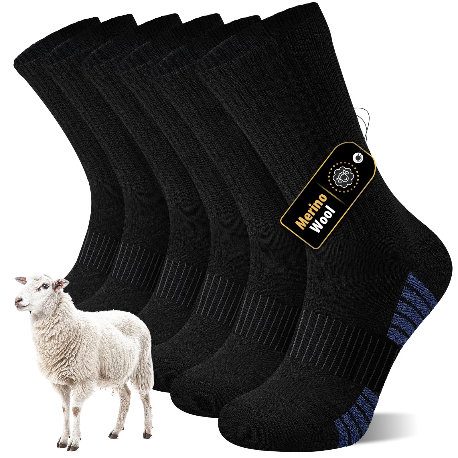 inaWarm Merino Socken Herren Damen 3 Paar – Warme Wollsocken, Atmungsaktive Thermosocken Wintersocken, Weiche Wandersocken Sportsocken, Trekkingsocken für Outdoor & Arbeit, Schwarz Blau
