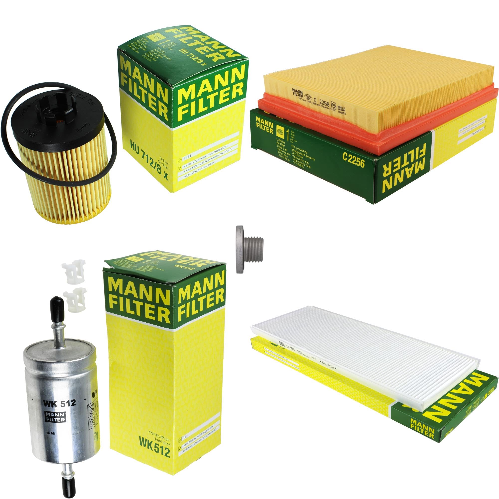 Paquete de inspección Kit de mantenimiento de filtros con filtro de aceite HU 712/8 x, filtro de aire C 2256, filtro de combustible WK 512, filtro de habitáculo CU 4251, tornillo de cierre