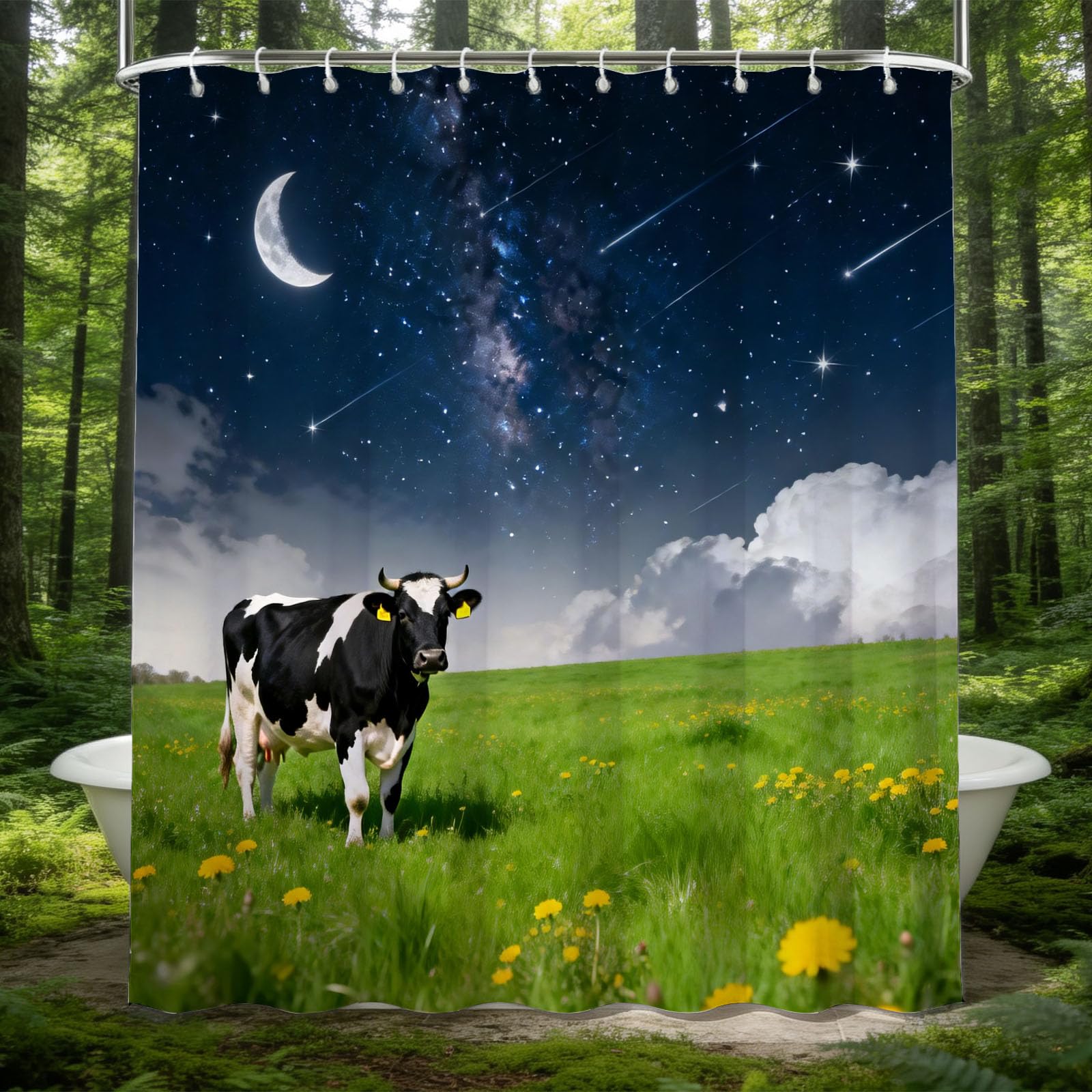 Hongduo White 3D Milk Cow Shower Curtain For Stalls Bathtubs Grassland Bathroom Decor Shower Curtain Set Polyester Fabric Waterproof 180X180cm/71X71 Inch With Hooks