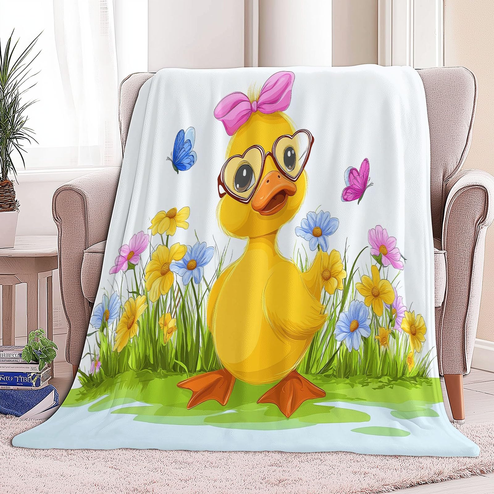 Koc polarowy flanelowy z motywem kaczki z kreskówkowego polaru, narzuta na sofę Wygodny dwuosobowy koc na łóżko w kratę zima, 220 x 240 cm Jasny kolor