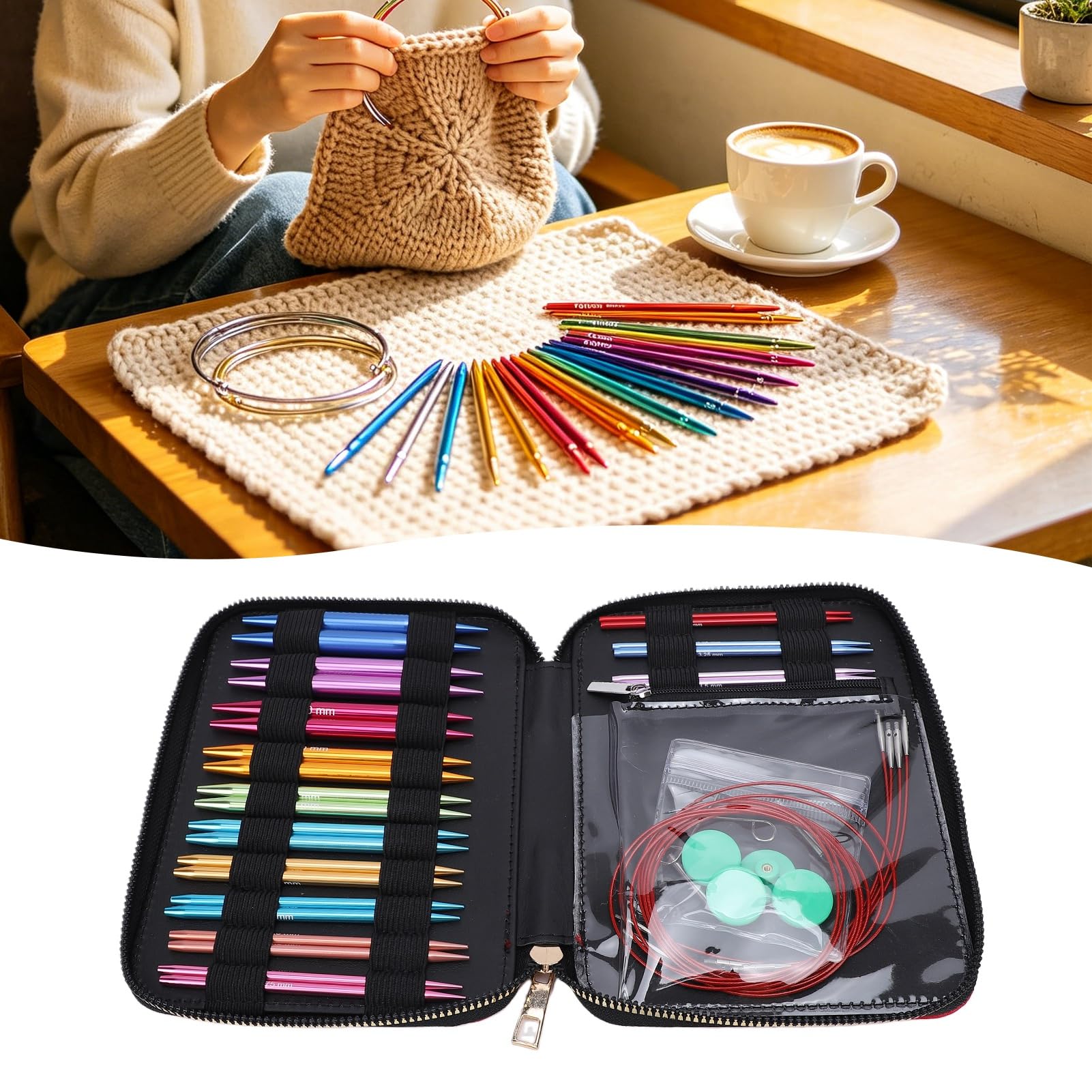 banapoy Juego de Agujas de Tejer Circulares Intercambiables, 13 Pares de Agujas y Cables de Tejer de Aluminio de Colores con Conexión Roscada Segura, Herramientas de Circulares para Manualidades