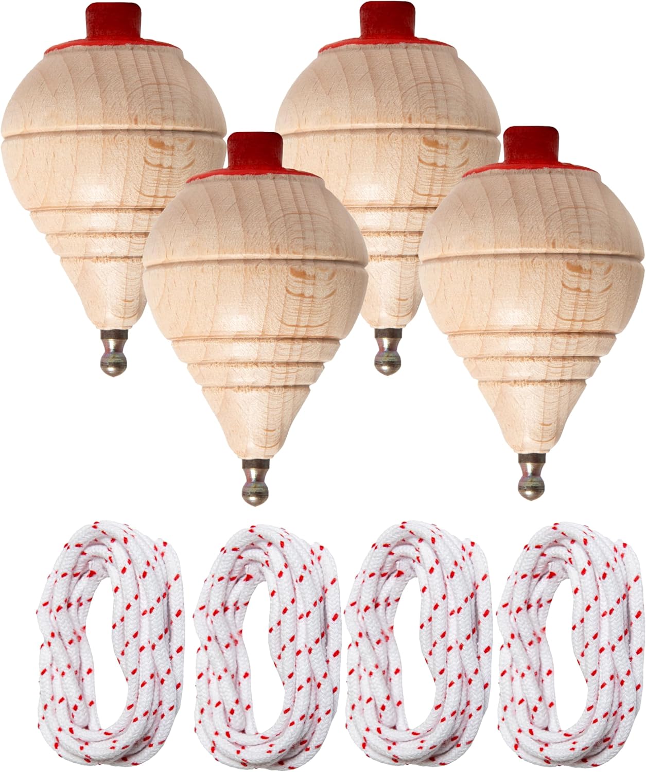 Children's Classic Wooden Spinning Top with Rope – Manual Set for Children with Rotating Tip – Pack of 1/2/4/6/8/12/16/24 – Classic Wooden Top – Spinners Perinola (4 spinning tops)