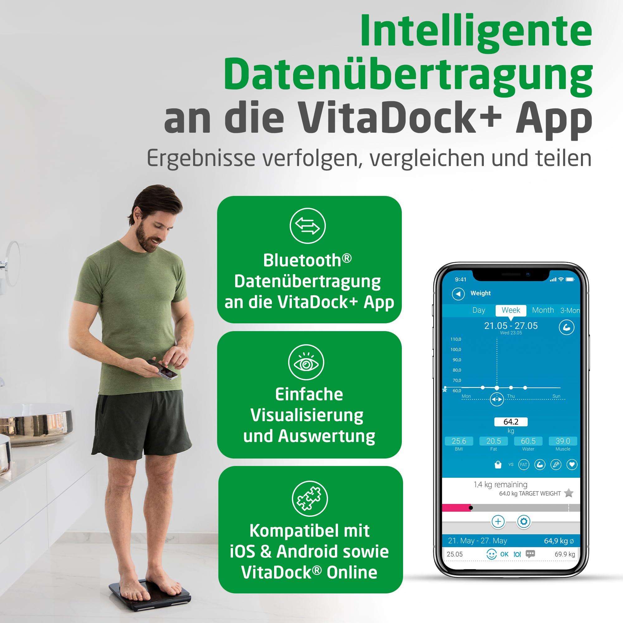 medisana BS 850 connect Körperanalysewaage mit Handsensoren, Körperwaage mit 8 Elektroden, Messung von Gewicht, Körperfett, Muskelmasse etc., Personenwaage smart mit App-Anbindung