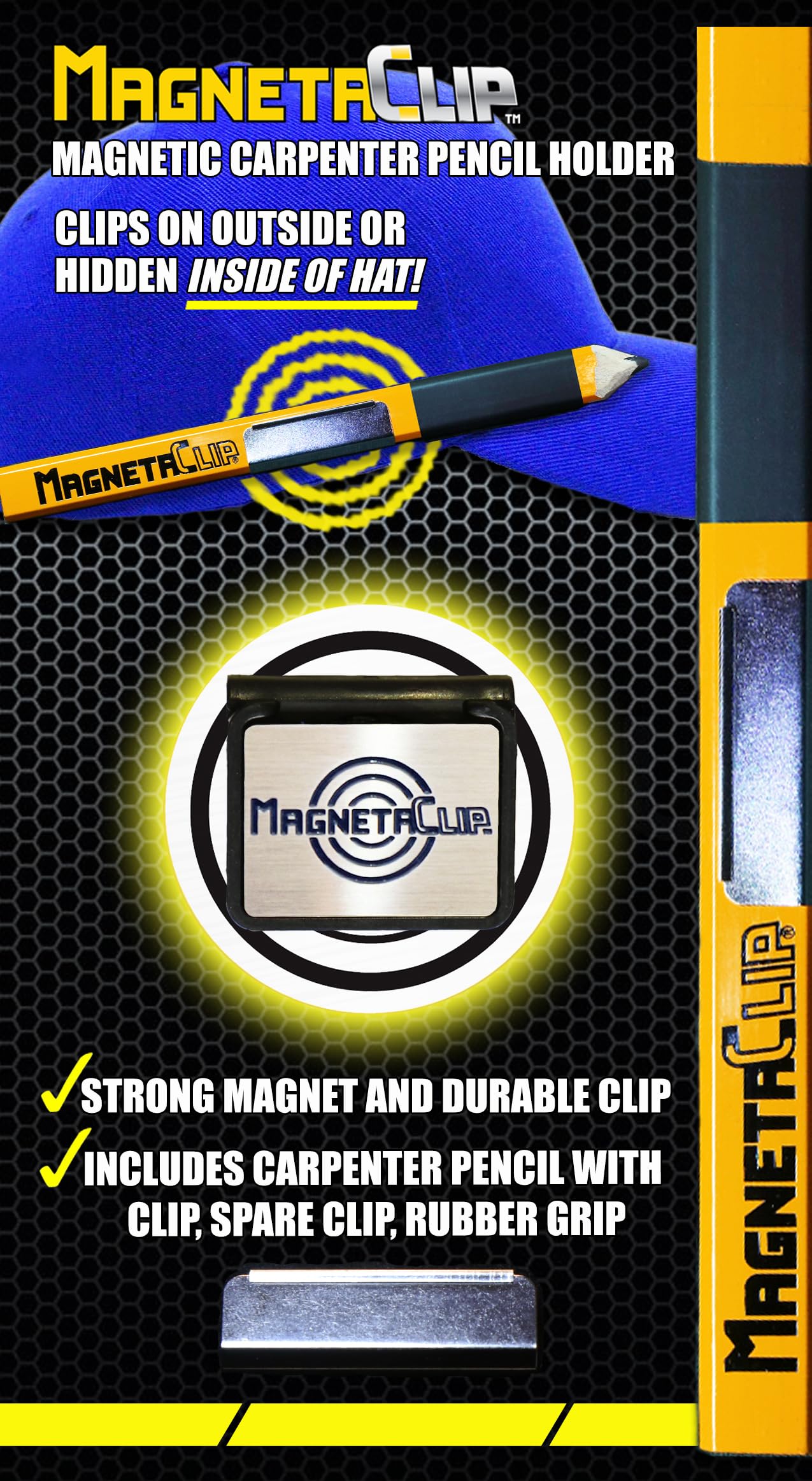 Magnetic Carpenter Pencil Holder With Strong Clip for Hat, Pocket, Toolbelt - Rubber Grip, Spare Clip, Keeps Pencil Handy on Winter Hat