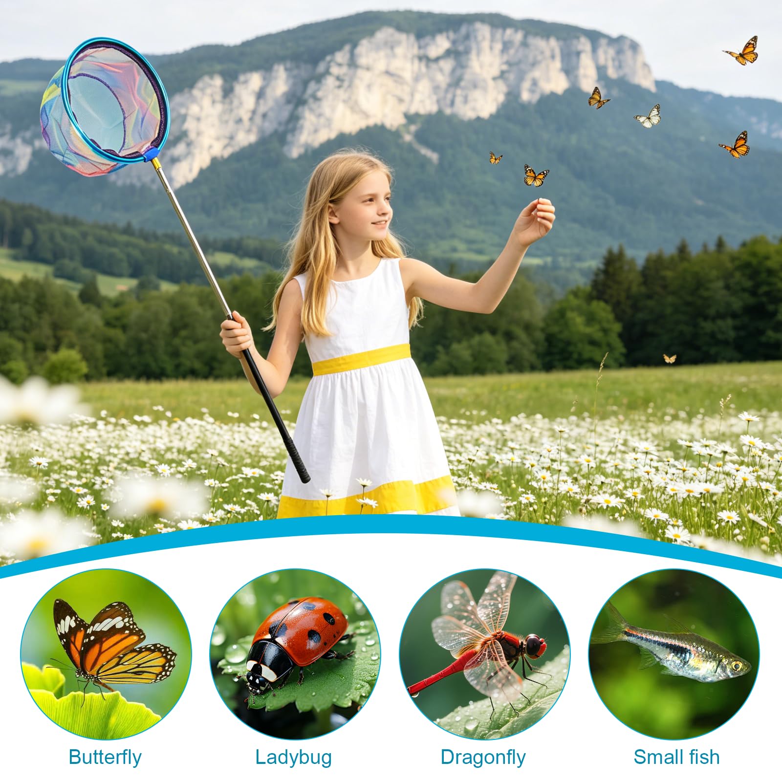 Teleskop Kescher, 66-175 cm Teleskop Angelkescher, Schmetterlingsnetz mit Teleskopstange Insektennetz Angelkescher Strandfangnetz für Outdoor Fische Insekten Angeln Strand Teich Garten Pool