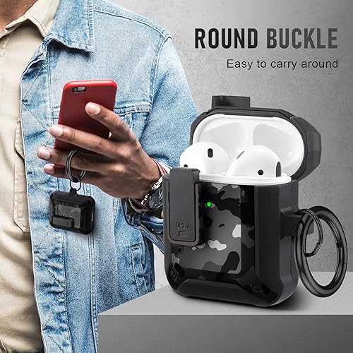 Miniatura 4 de Maxjoy Funda para Airpods, militar dura y resistente a prueba de golpes para Airpods de 1 y 2 generación, funda protectora con candado, compatible