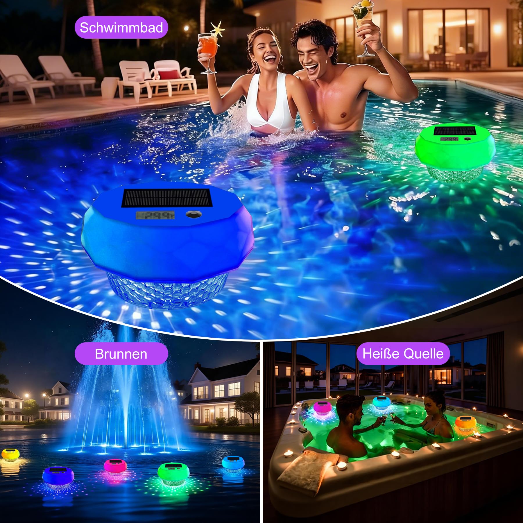 Solar Pool Thermometer Digital – Schwimmendes Thermometer mit LED-Bildschirm & Timerfunktion, 8 dynamische Lichteffekte, IP68 wasserdicht, solarbetrieben, für Pool & Teich