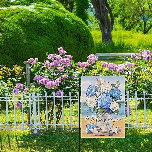 Miniatura 7 de Artofy Bandera decorativa pequeña de jardín con flores de primavera y verano, tarro de albañil floral de hortensias para playa, patio costero,