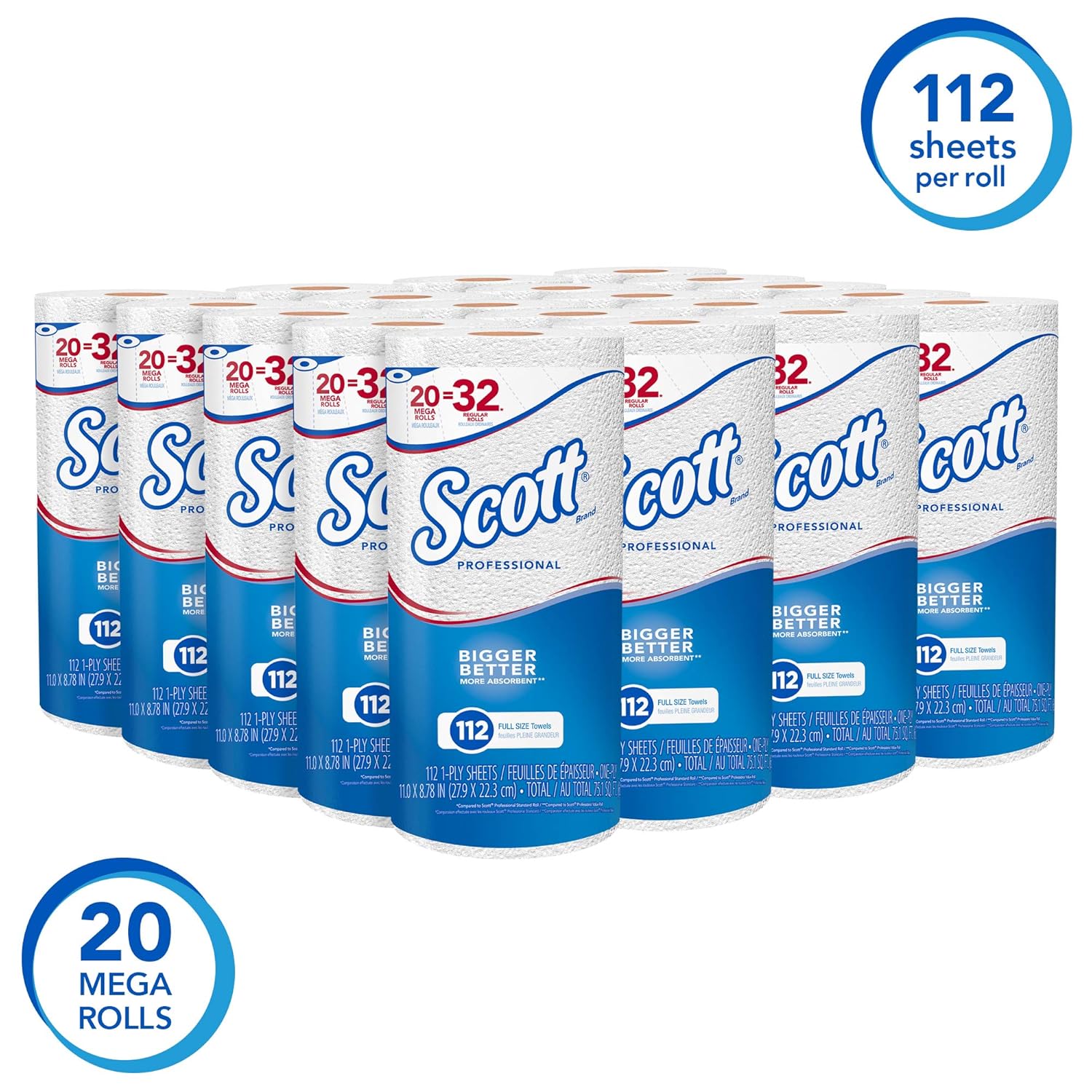 Scott Professional Kitchen Paper Towels (53930) with Fast-Drying Absorbency Pockets, Perforated MEGA Paper Towel Rolls, 112 Sheets/Roll, 20 Rolls/Case